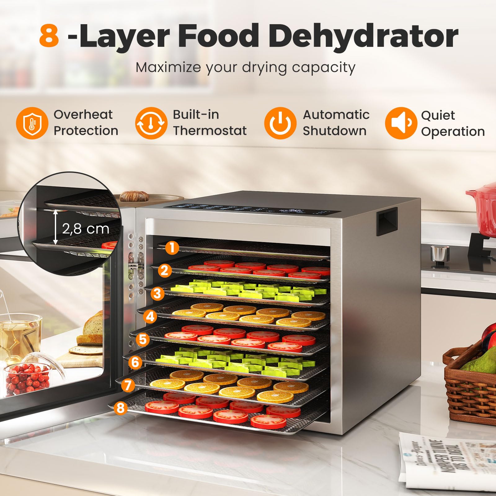 FANTASK - Deshidratador de alimentos (850 W, acero inoxidable, 8 compartimentos), deshidratador con temporizador 48 h y regulador de temperatura de 35 °C a 75 °C, deshidratador para alimentos, carne
