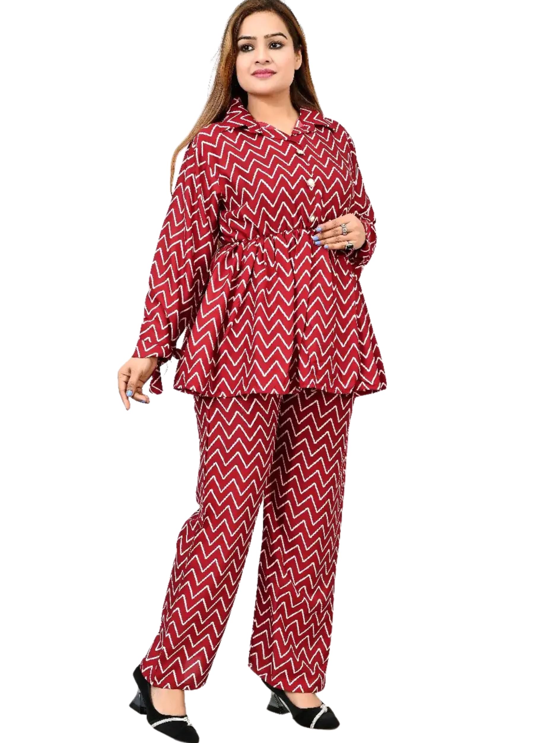 ssd textile Women's Rayon V-Neck & 3/4 Puff Sleeve Peplum Top & Straight Pants Co-Ord Set-picture-36