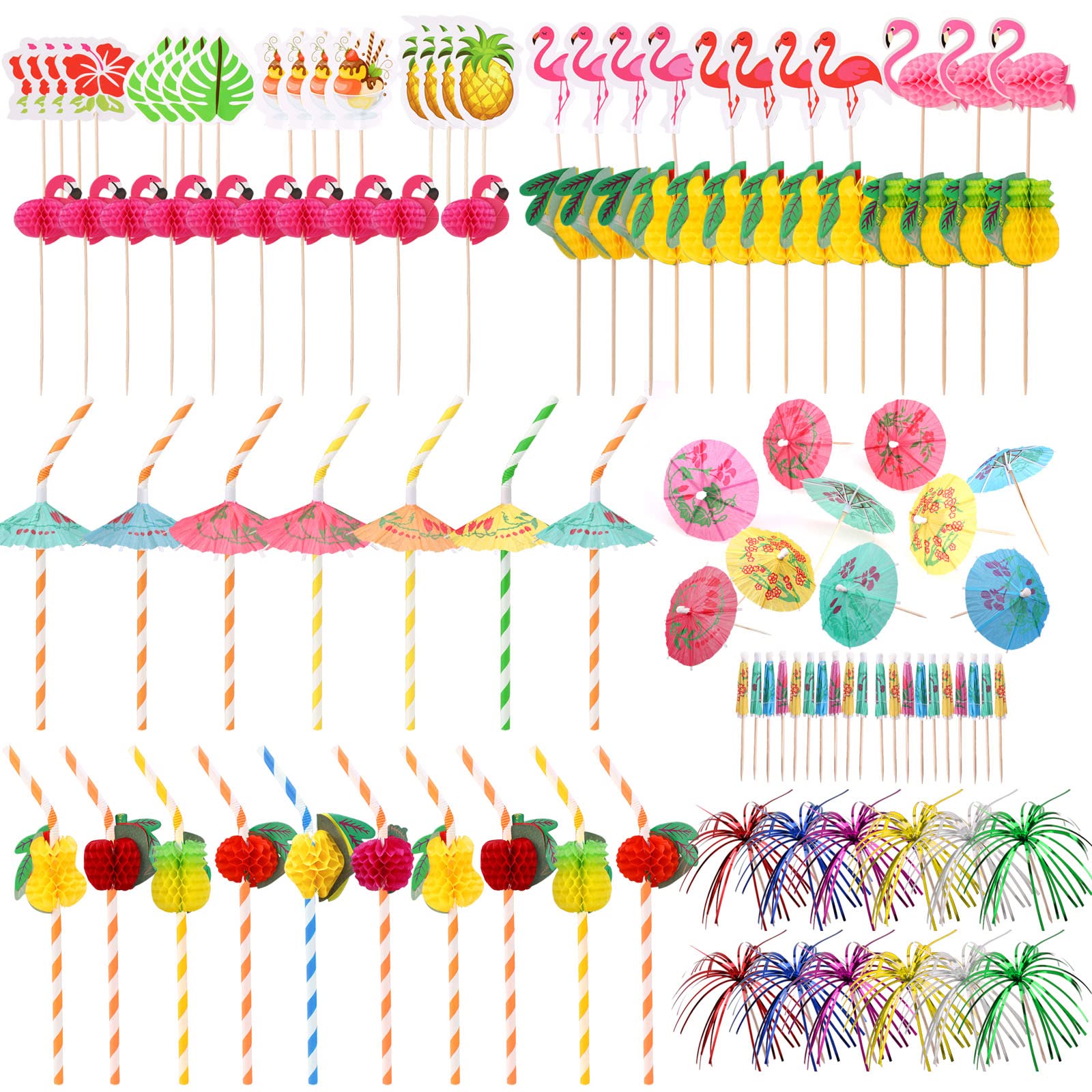 HOWAF 180 Pieces Hawaii Cocktail Decorations, Including Palm Flamingo Pineapple Paper Umbrellas Pick Tropical Fruit Straws Swizzle Sticks for Summer