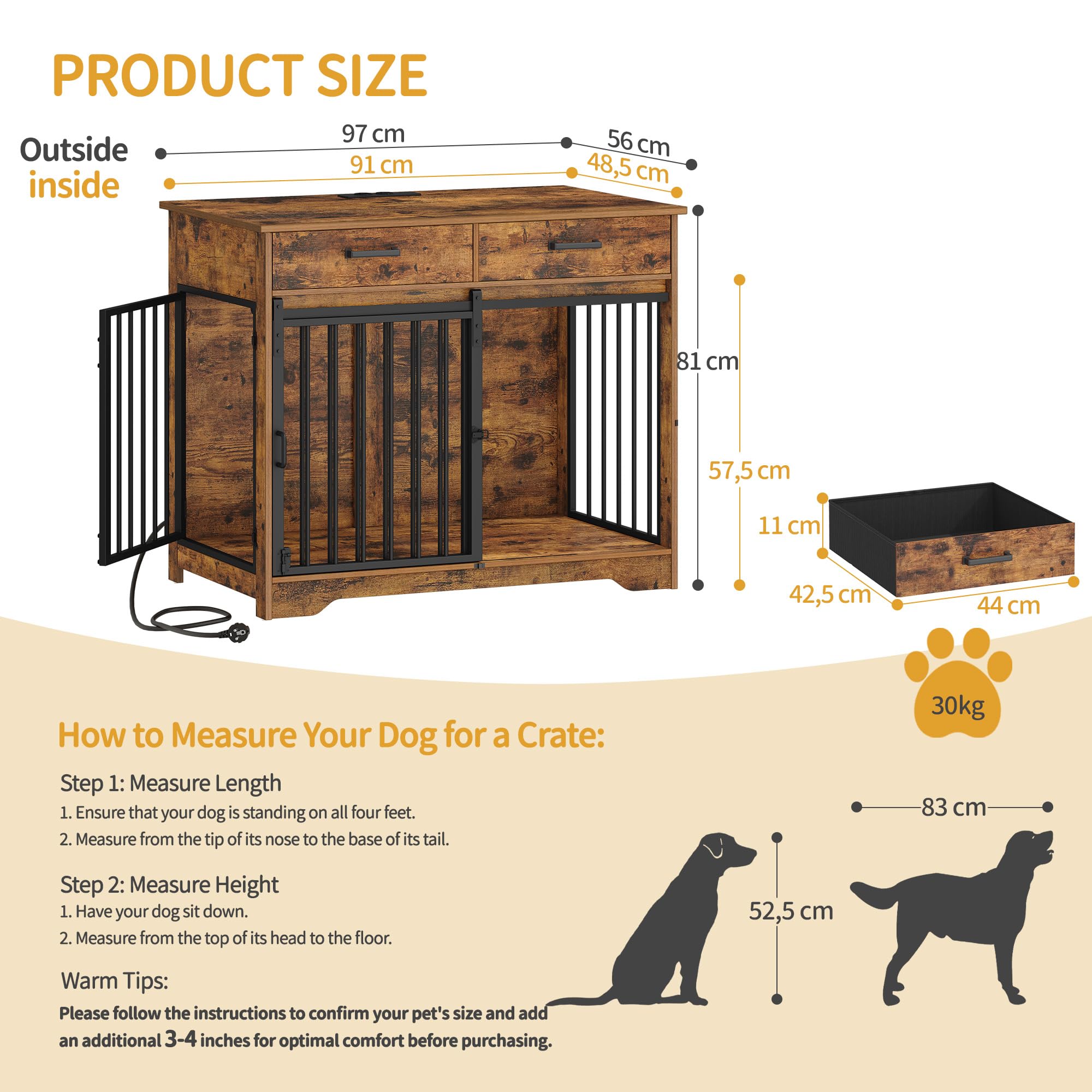 Hzuaneri Mueble Jaula para Perros de Interior con Regleta y 2 Cajones, Jaula de Madera con Puertas Correderas de Granero, 3 Puertas para Perros Medianos y Grandes 97x56x81 cm Marrón DFC90301BEU
