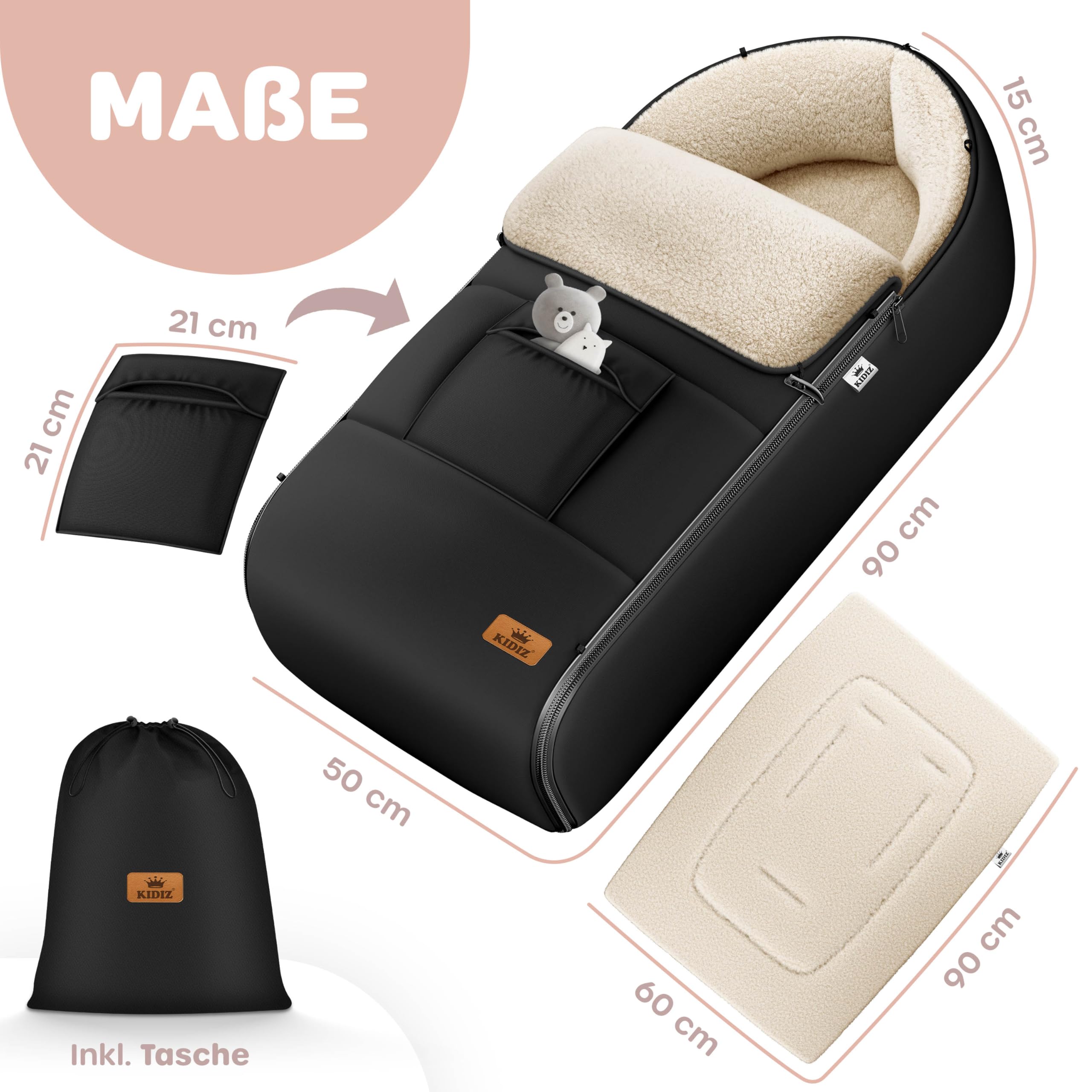 Kidiz Babyfußsack Winterfußsack Kinderwagen Universal Lammfleece wasserdicht winddicht 3- & 5-Punkt-Gurt Schwarz