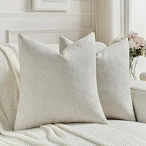 FUTEI Natural White Wood Chenille Decorative Throw Pillow Covers 20x20 Inch Set of 2,Soft Cozy Faux Linen Textured Cushion Case,Farmhouse Home Decor for Couch Living Room