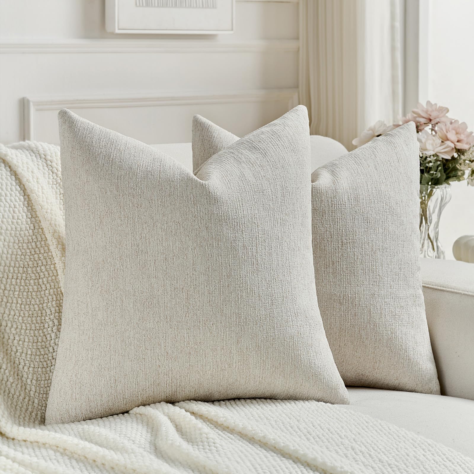 FUTEI Set of 2 Soft Chenille 40x40 cm Cushion Covers Textured Natural Faux Linen Scatter Pillow Covers 40 x 40 cm Farmhouse Accent for Sofa Bedroom Living Room, Natural — image 1
