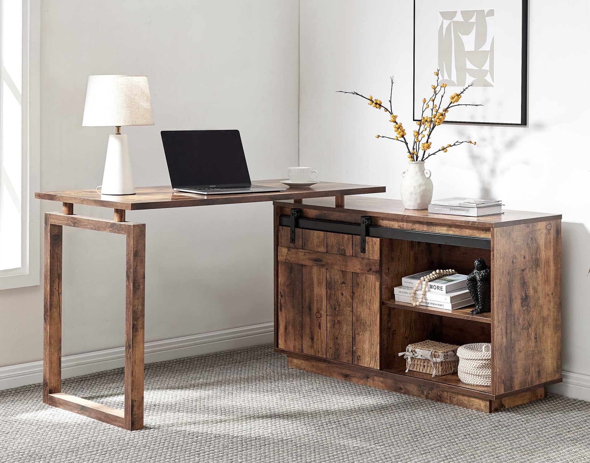 Aidek Desk L-Shaped Workstation Home Office Attached Storage credenza Sliding barn Door Finished on The Back Reversible Distressed Wood