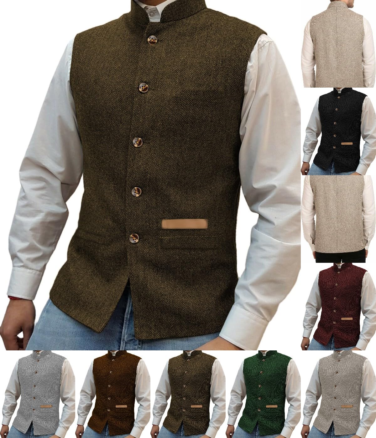 Gilet à col montant pour homme - En tweed - À chevrons - Rétro - Doublure en laine - Pour mariage et chasse