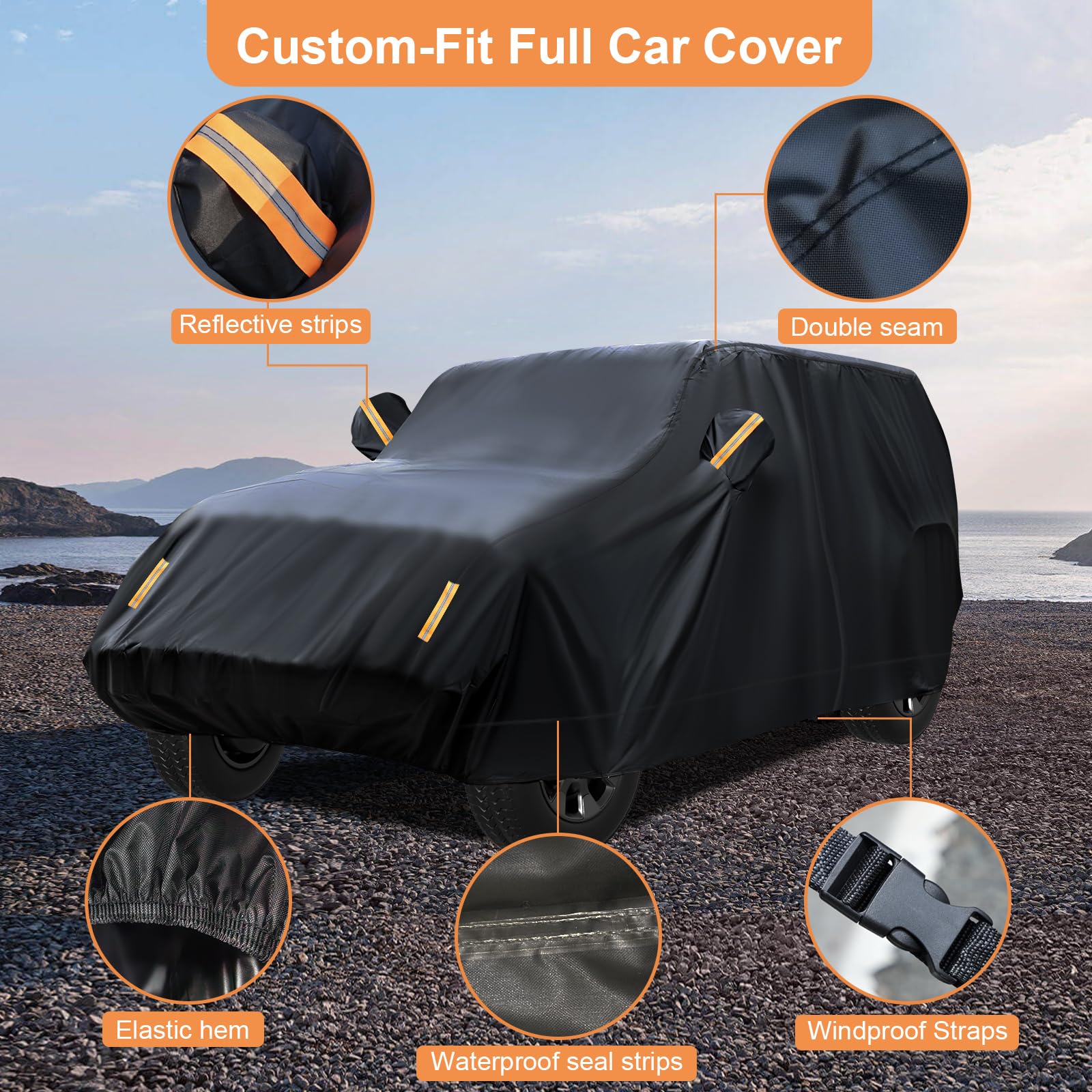 YINOK 600D Waterproof Car Cover Custom Fit for Jeep Wrangler 2 Door 1987-2025 JL JK TJ YJ CJ — view 3