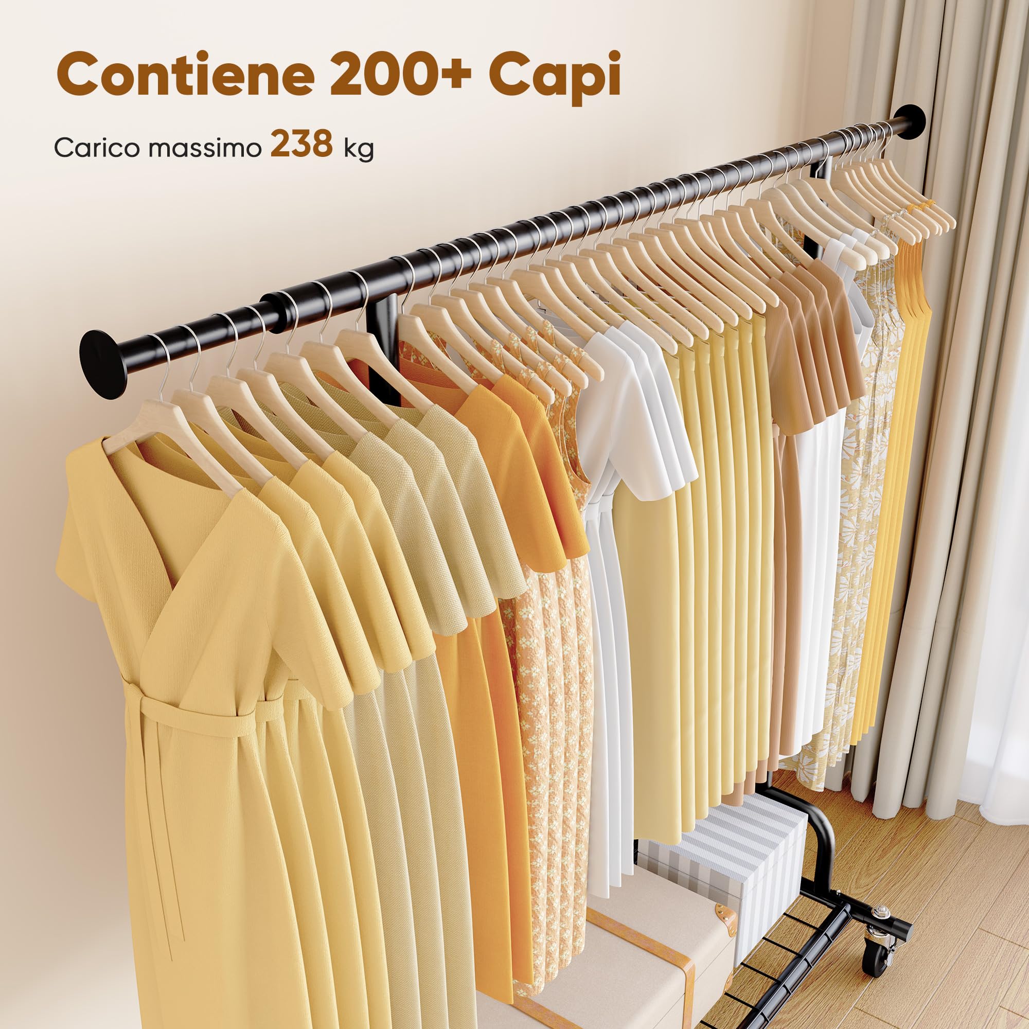 HOKEEPER Appendiabiti da Terra Resistente 238kg, Barra Estensibile con Ruote Bloccabili e Ripiano, Salvaspazio per Camera da Letto, Appartamento, Lavanderia, Nero