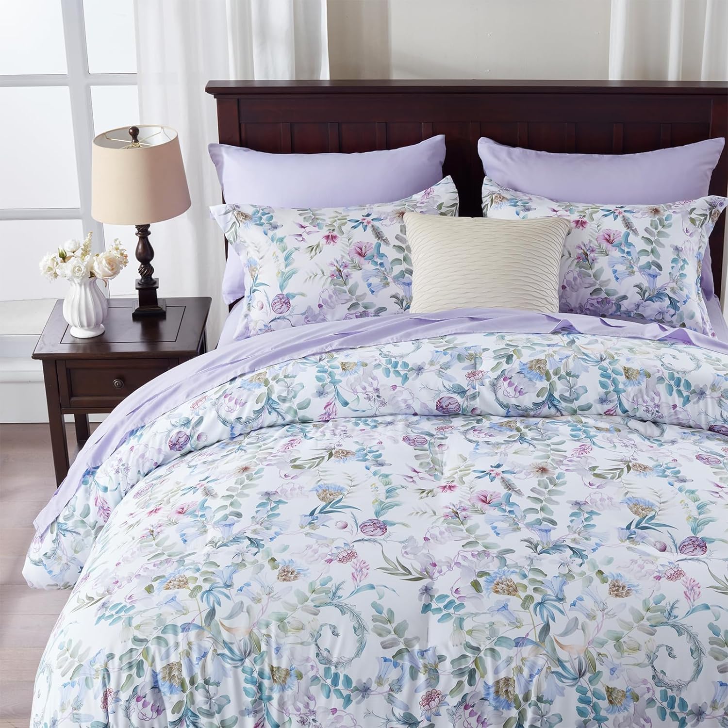 La Sheer King Size Comforter Set 3 Piece,All Season Ultra Soft Lightweight Down Alternative Floral Botanical Bedding Set with Comforter,Pillow Shams