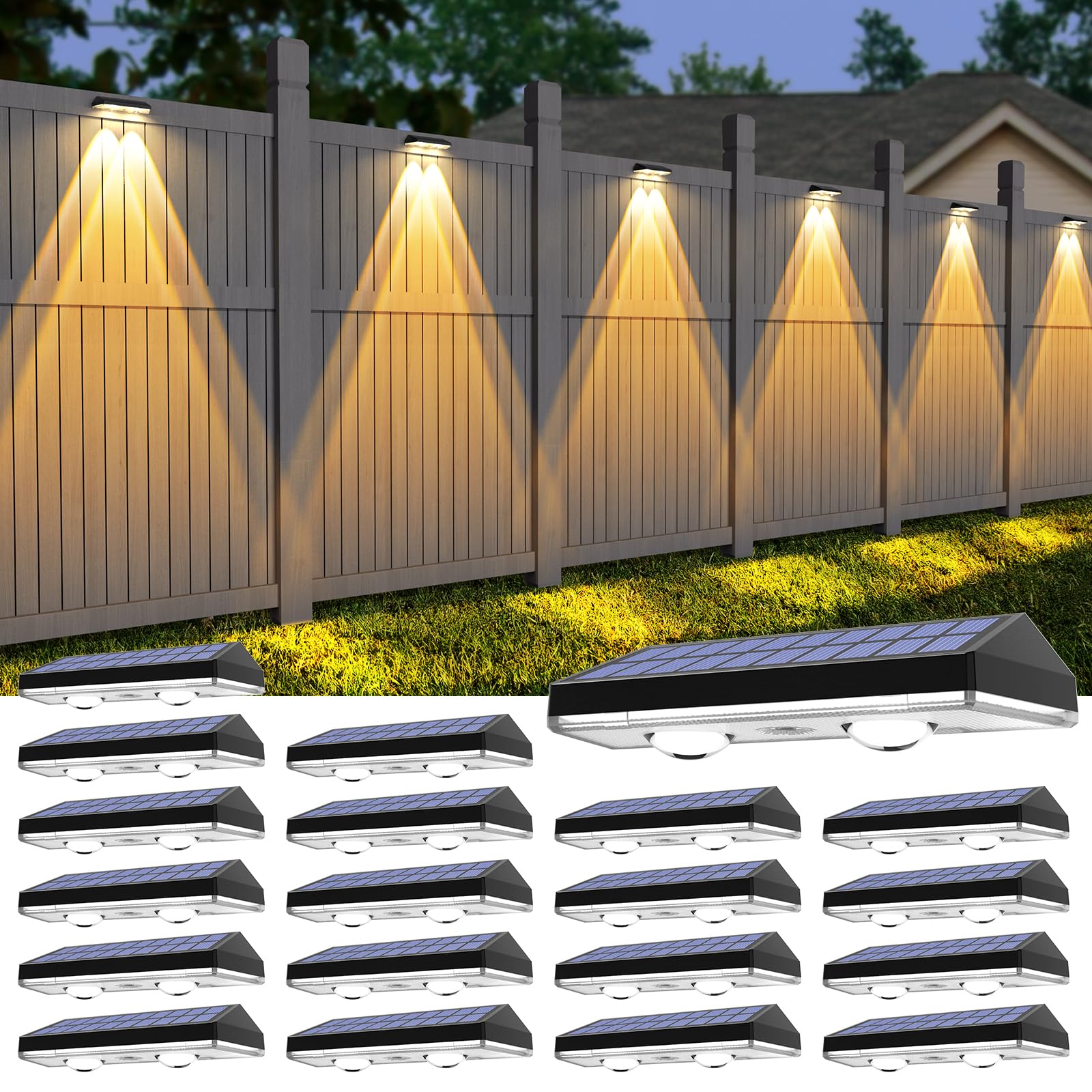 Solar Fence Lights Outdoor,2700/4000/6000K 3 Modes Bright Lens LED Dusk to Dawn Deck Light Outdoor Waterproof,Solar Outdoor Lights for Backyard/Railing/Wall (20Pack)