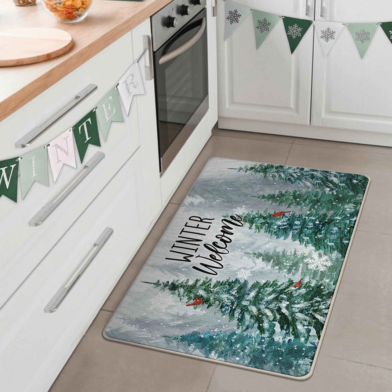 Dekorative Fußmatte für den Eingangsbereich, Bauernhaus, Kiefernbaum, Kardinalrot, für drinnen und draußen, rutschfest, für den Eingangsbereich, Schneeflocke, Wald, Weihnachten, Zuhause, Küche