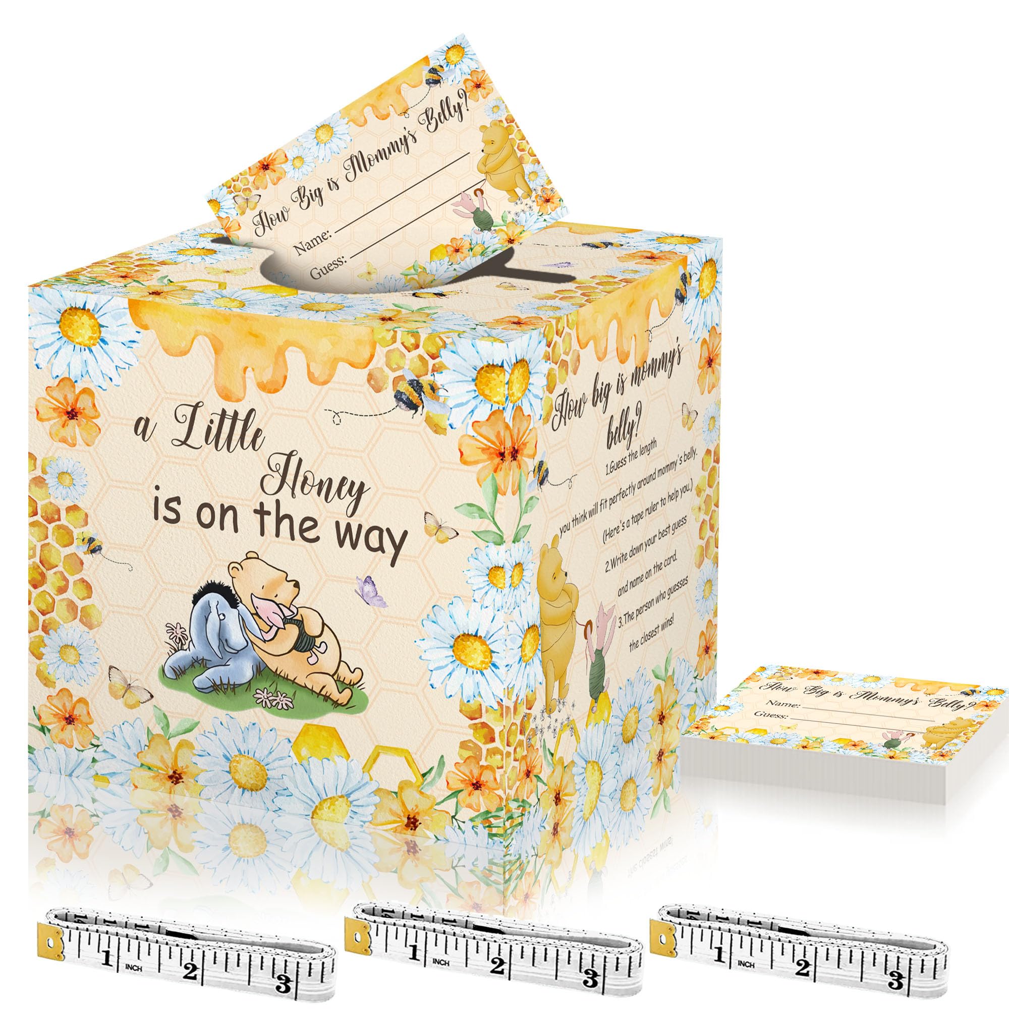 How Big Is Mommy's Belly Game, Winnie Baby Shower Games, Baby Shower Game with Box and 50 Guessing Cards, Gender Reveal Party Favor, Baby Shower Honey