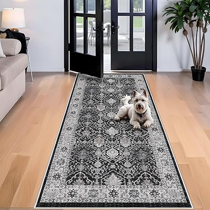 Washable 4x8 Hallway Runner Rug: Vintage 8ft Soft Runners for Entry Living Room Wide Low Pile Carpet with Non-Slip Backing for Kitchen Bedroom Thin Stain Resistant Floor Mat for Dining Room(Black,4x8)