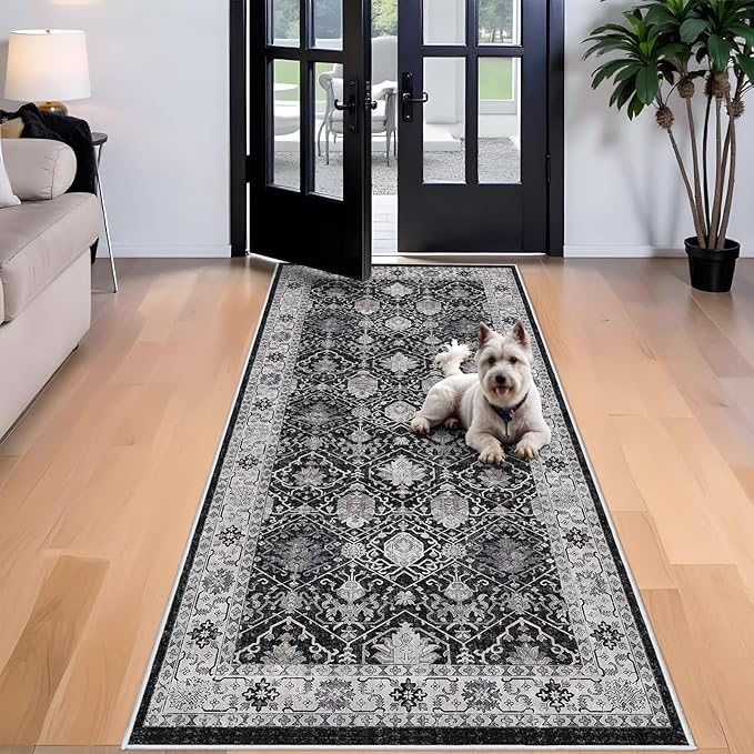 Washable 4x8 Hallway Runner Rug: Vintage 8ft Soft Runners for Entry Living Room Wide Low Pile Carpet with Non-Slip Backing for Kitchen Bedroom Thin Stain Resistant Floor Mat for Dining Room(Black,4x8)
