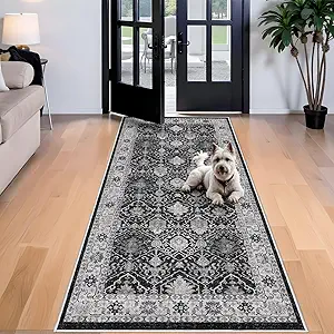 Washable 4x8 Hallway Runner Rug: Vintage 8ft Soft Runners for Entry Living Room Wide Low Pile Carpet with Non-Slip Backing for Kitchen Bedroom Thin Stain Resistant Floor Mat for Dining Room(Black,4x8)