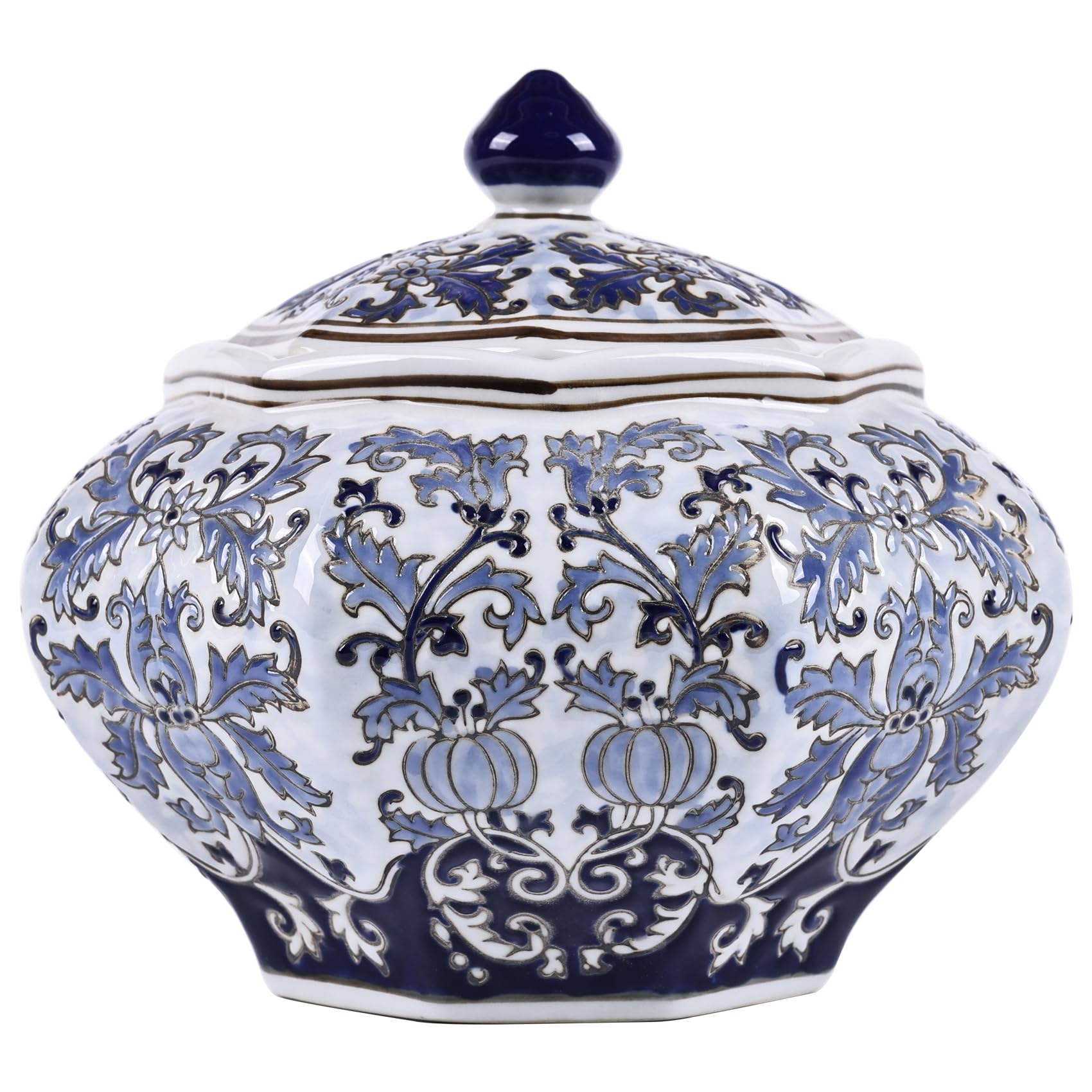 XINGYANHandmade Big Size Goldmine Ginger Jar with Lid Series: Luxury Chinoiserie Blue and White Porcelain, Ming and Qing Dynasty Style, Decorative Home Decor Storage Jar (Treasure Jar)