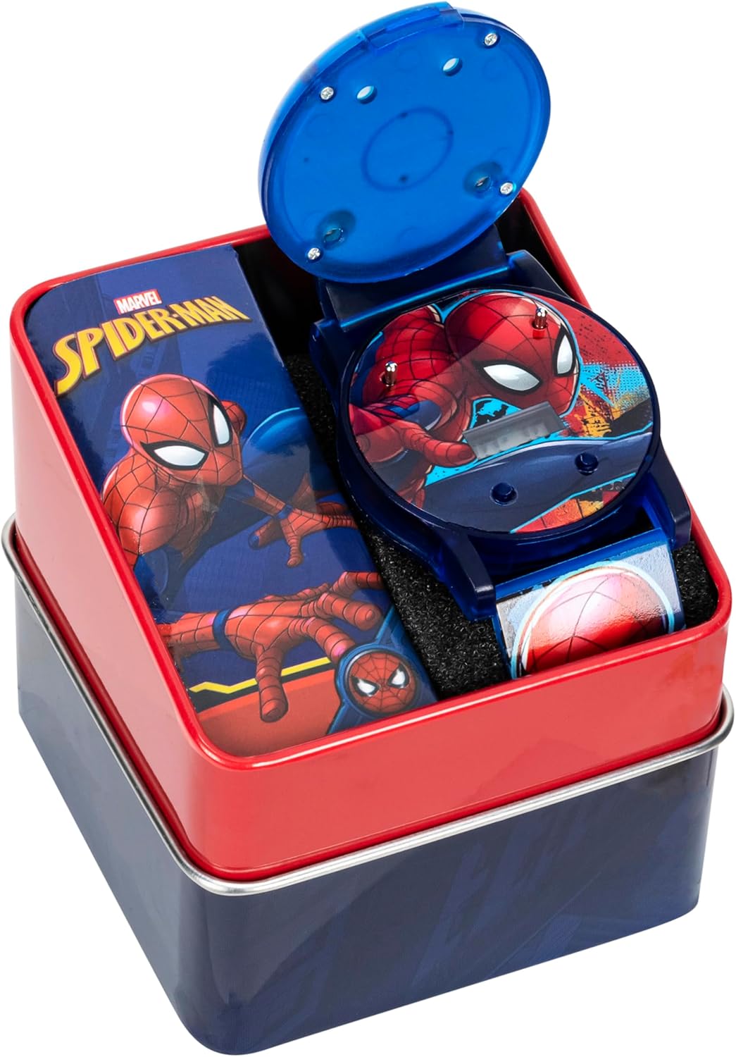 Accutime Marvel Spider-Man Kids Watch inside its themed tin packaging box.