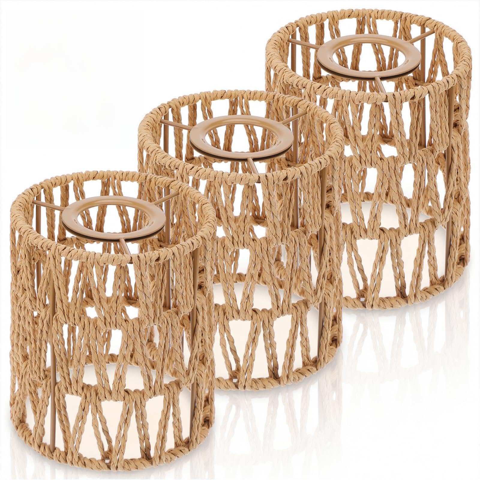 Photo 1 of 3 Pack Rattan Lamp Shade Handwoven Natural Wicker Light Covers Cylinder Replacement Shades for Pendant Light, Floor Lamp, Chandelier, Wall Sconce