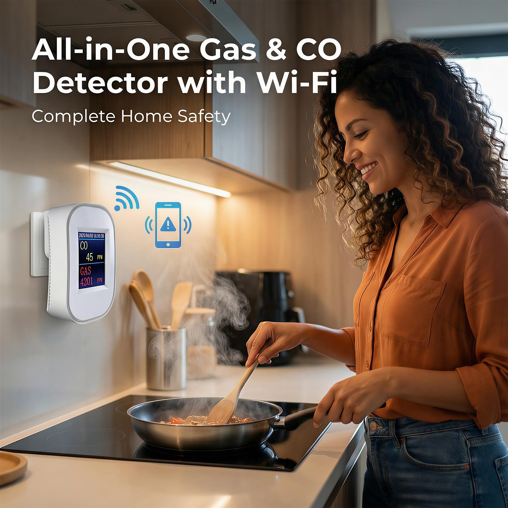 SINOTÉCA Rilevatore Gas e Monossido di Carbonio WiFi, 2 in 1 Metano/GPL/Propano, Display LED PPM, Notifiche App Tuya, Presa a Muro Senza Batteria, EN50291 EN50194, per Casa Cucina Garage Camper