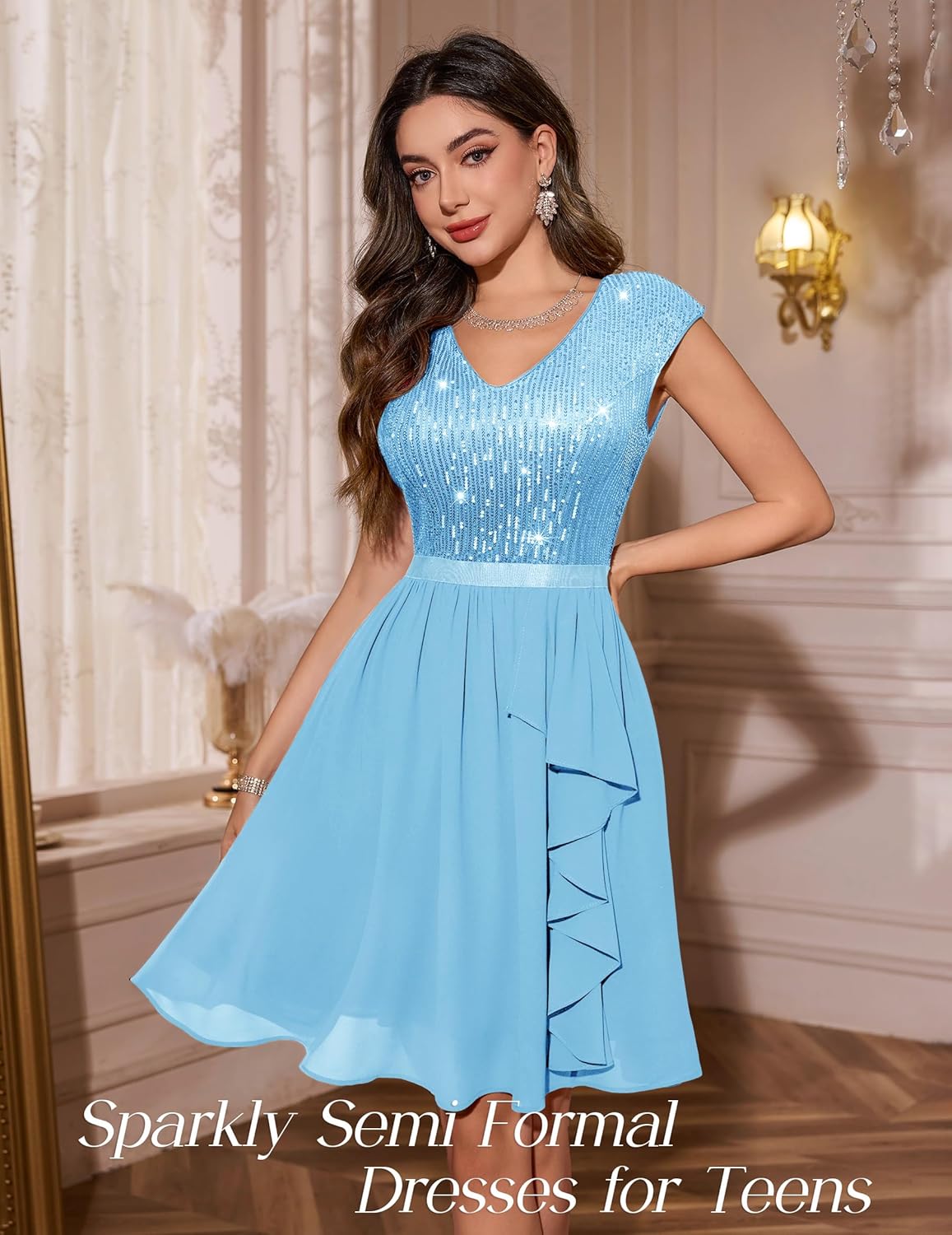 Wedtrend Women's Sequin Dress Sparkly Cocktail Dresses with Sleeve Glitter Party Dress Short Prom Dresses for Teens - Image 3