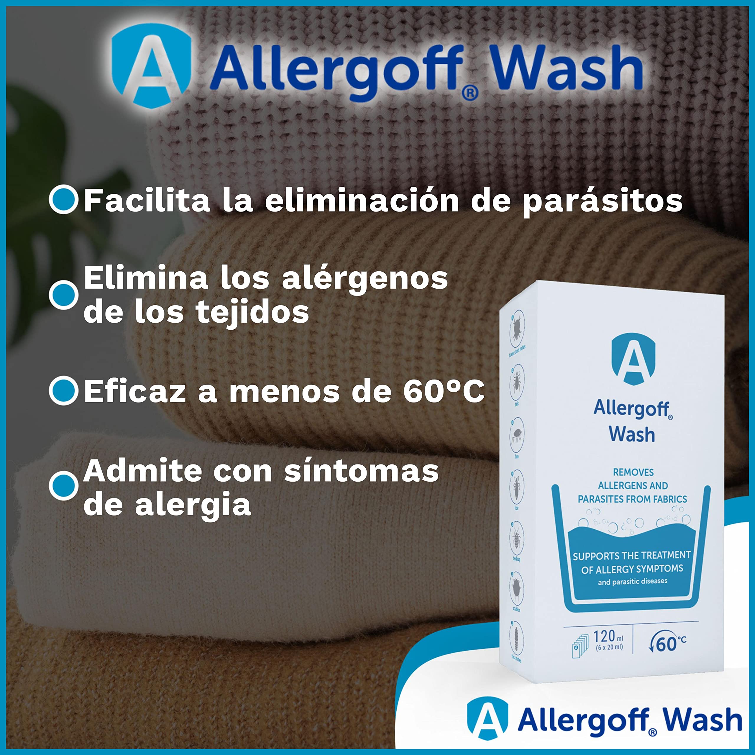 Allergoff Detergente para Ácaros, Pulgas, Piojos y Chinches - Aplicación Previo al Lavado - Complemento para Spray de Ácaros para Colchones (6 Gel de 20ml) (el empaque puede diferir)