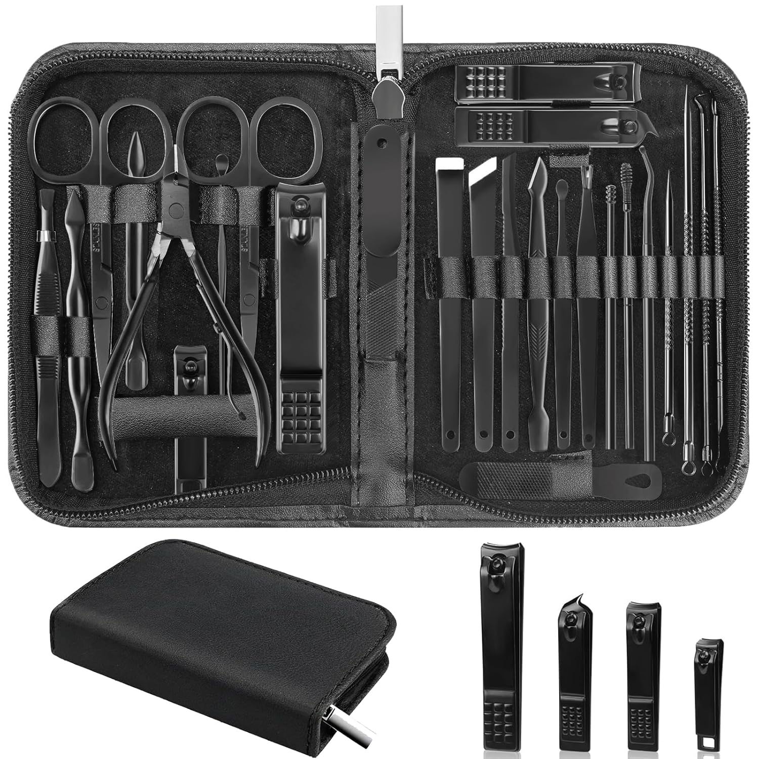 Nail Clippers Set, 26 Piece Manicure Set & Pedicure Kit, Stainless Steel Fingernail & Toenail Clipper Cutters, Professional Nail Care Tools with Luxurious Travel Case for Men and Women, Black Nail Clippers Set, 26 Piece Manicure Set & Pedicure Kit, Stainless Steel Fingernail & Toenail Clipper Cutters, Professional Nail Care Tools with Luxurious Travel Case for Men and Women, Black
