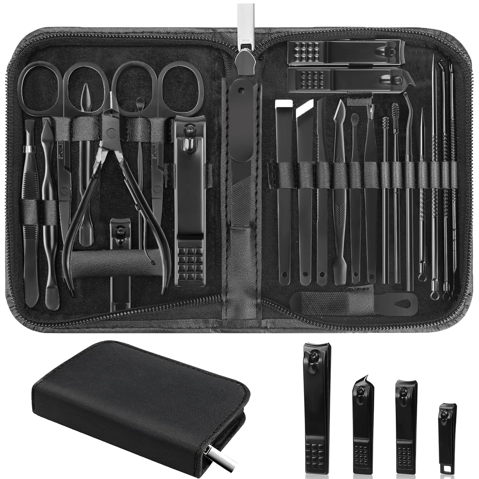 Nail Clippers Set, 26 Piece Manicure Set & Pedicure Kit, Stainless Steel Fingernail & Toenail Clipper Cutters, Professional Nail Care Tools with Luxurious Travel Case for Men and Women, Black