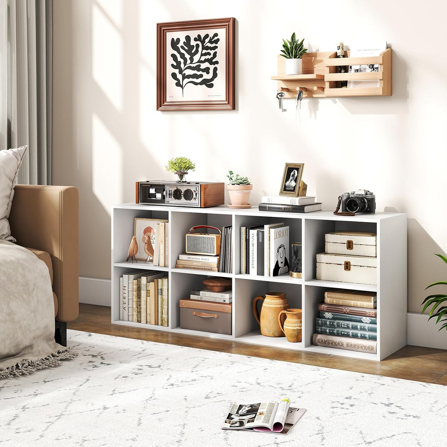 Tangkula 8-Cube Bookcase, Large Floor Standing Horizontal Bookshelf with 8 Open Shelves & 2 Anti-Tipping Kits, Home Office Wooden Storage Book Shelf for Living Room, Study (White, 8-Cube)