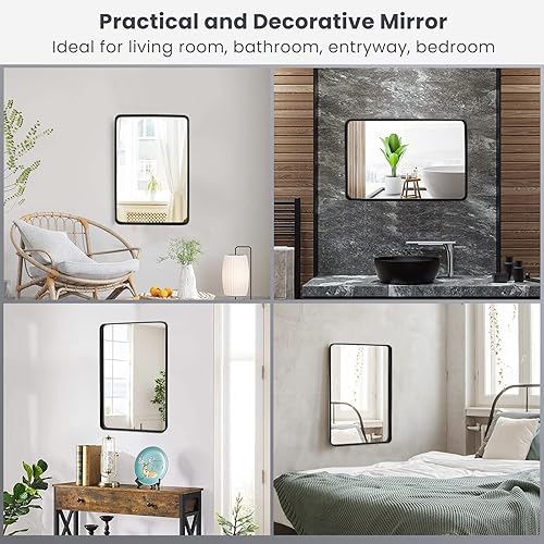 Miniatura 8 de Tangkula Espejo de baño de 30 x 22 pulgadas para pared, espejo moderno rectangular con marco de acero sólido y esquinas redondeadas, espejo