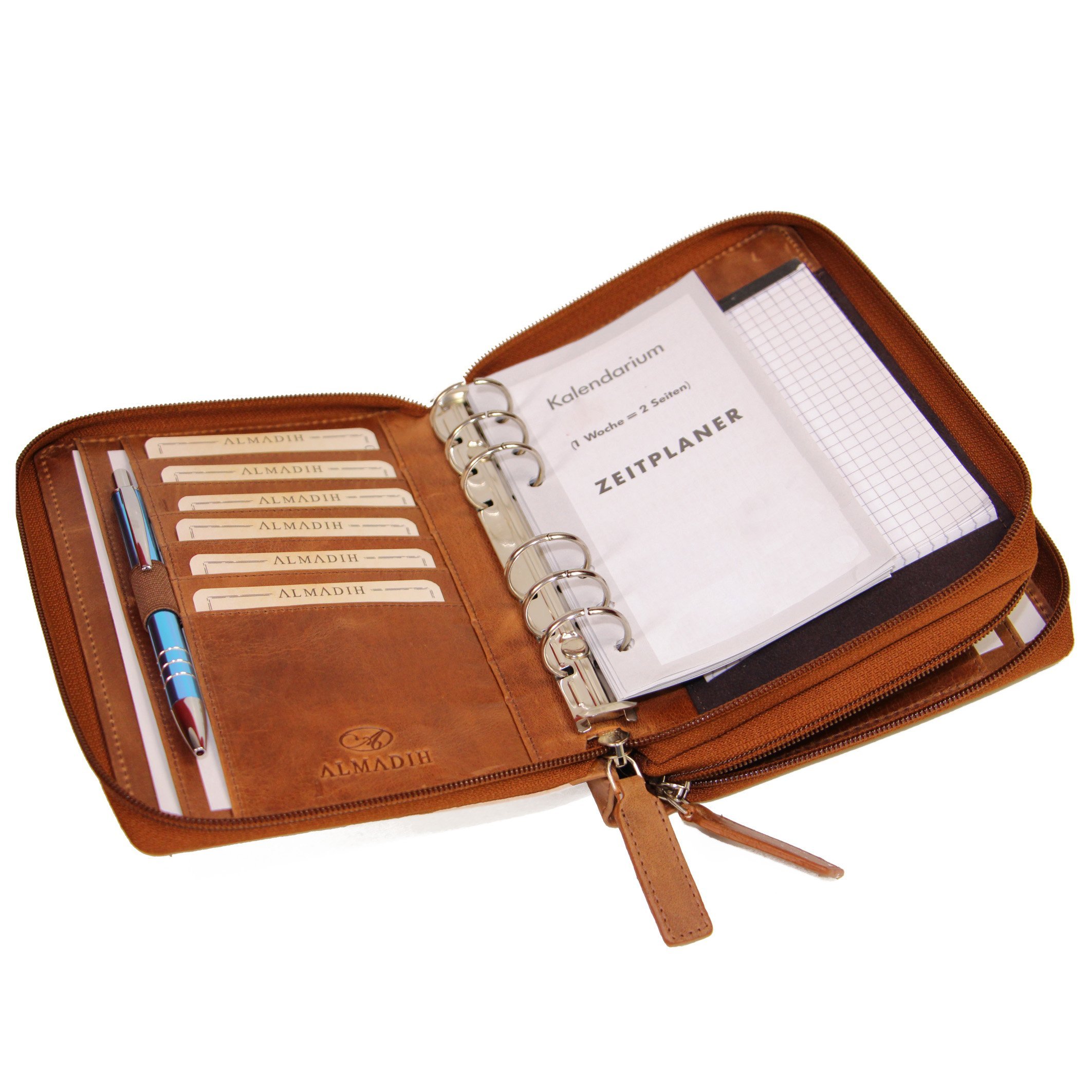 ALMADIH Agenda in pelle con cerniera A6 Portadocumenti Calendario 2025 Marrone Cartella Portablocco Organizer Porta Documenti Conferenza Anelli + Block Notes Organizzatore Carpetta (KO-A6-BD)
