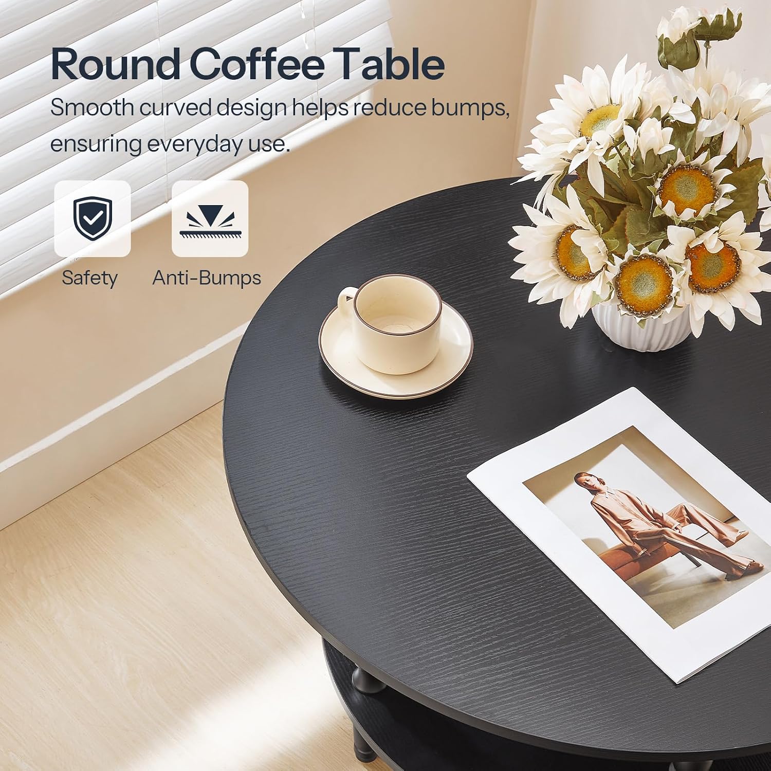 HOOBRO Coffee Table, 2-Tier Round Coffee Table, Mid-Century Modern Coffee Table for Living Room, Center Table with 2-Tier Open Storage Shelf, Home Office, Black BK75KF01