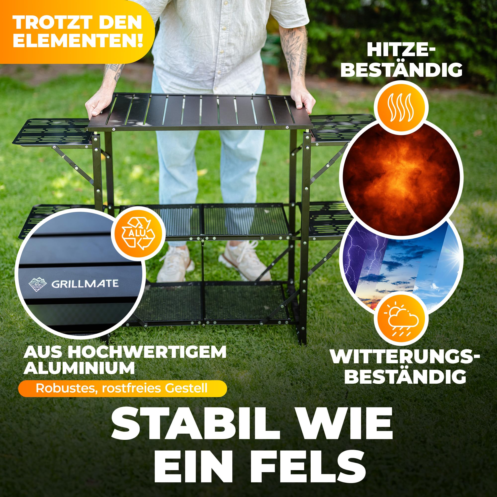 GRILLMATE Grilltisch Outdoor Wetterfest Klappbar | Grill Beistelltisch, Tisch für Grill, Balkon, Camping, Garten | Campingküche faltbar aus Aluminium Rostresistent [50kg Belastbar] inkl. Tragetasche