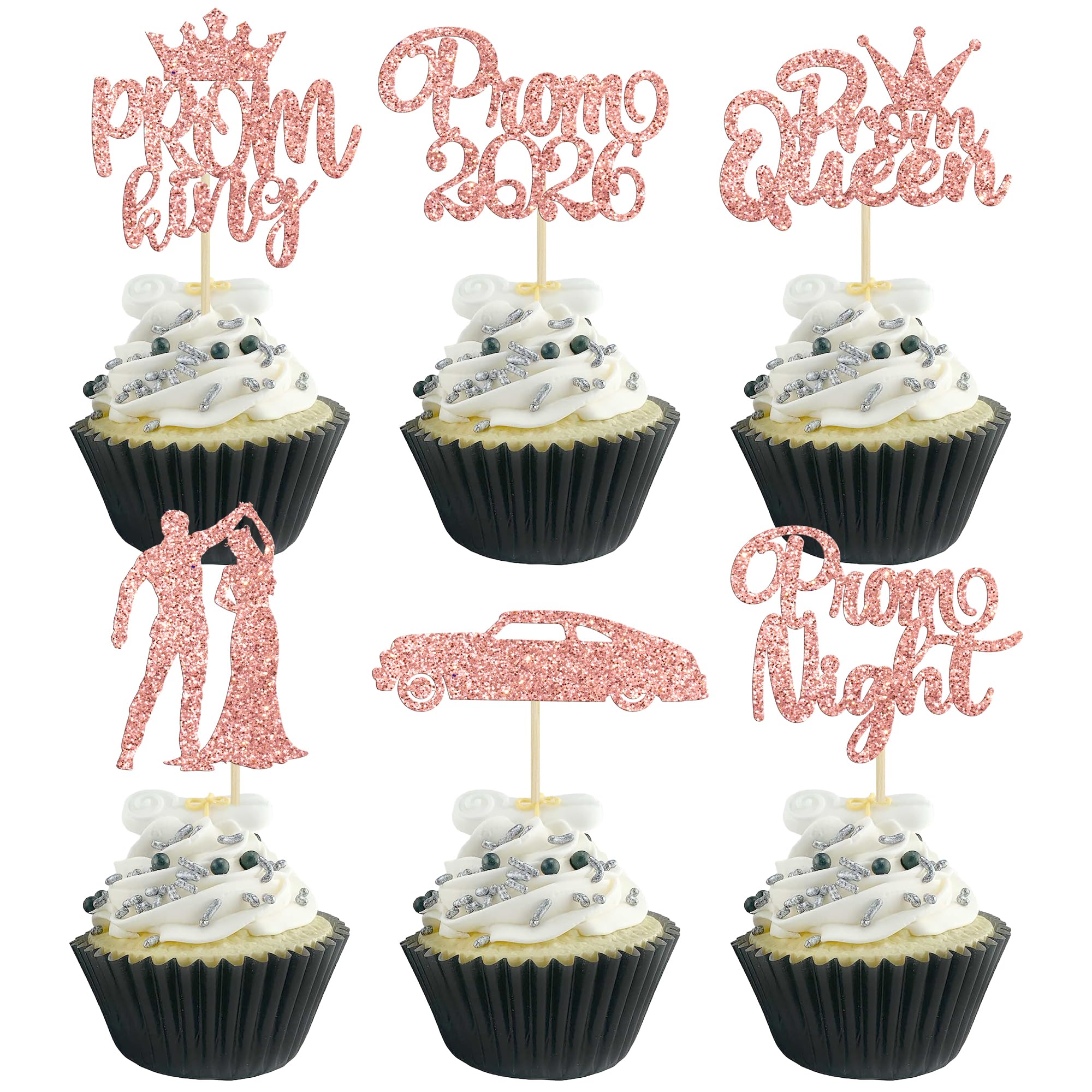 Gyufise 24Pcs Prom Cupcake Topper 2026 Prom Cake Topper for Party 2026 Graduation Cupcake Topper 2026 Graduation Party Decoration Supplies Rose Gold