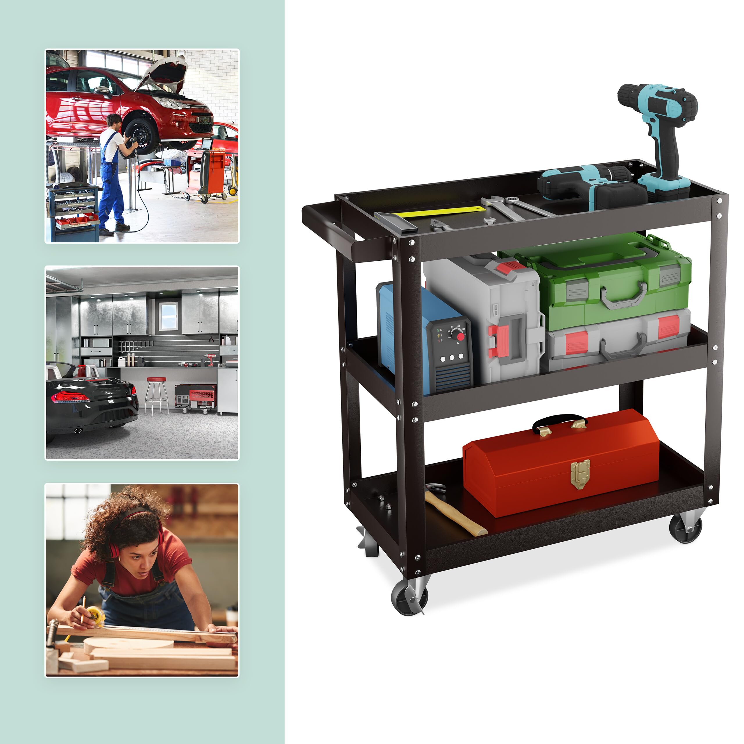Relaxdays Chariot d'atelier, 3 Niveaux, Charge maximale : env. 100 kg, H x L x P : 76 x 78 x 35 cm, Noir
