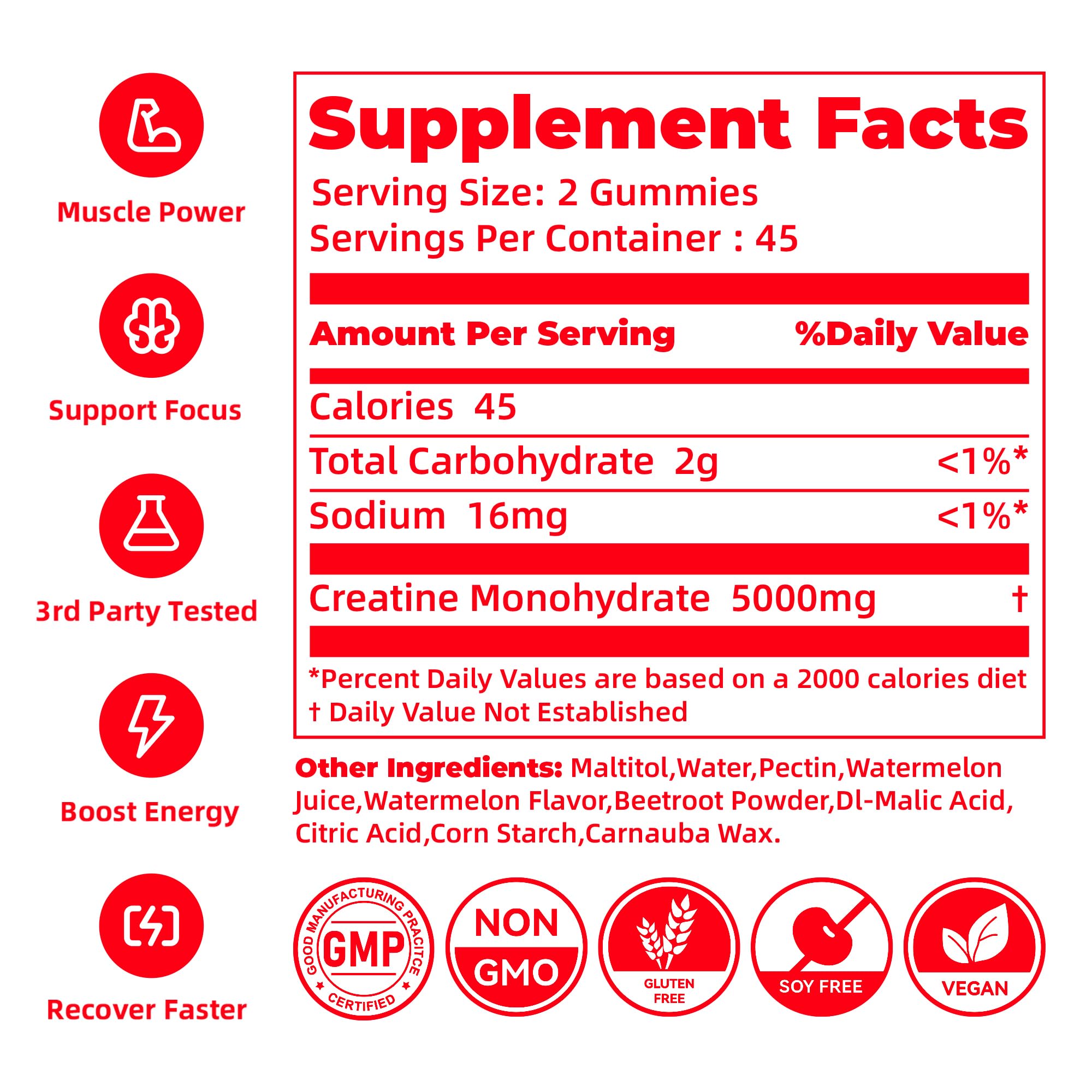 NSF Certified Creatine Monohydrate Gummies for Men & Women, 5g Creatine per Serving,Creatine Gummy for Muscle Strength, Energy & Performance Support, Pre Workout Supplement,Watermelon Flavor,90 Count — Amazon image 6