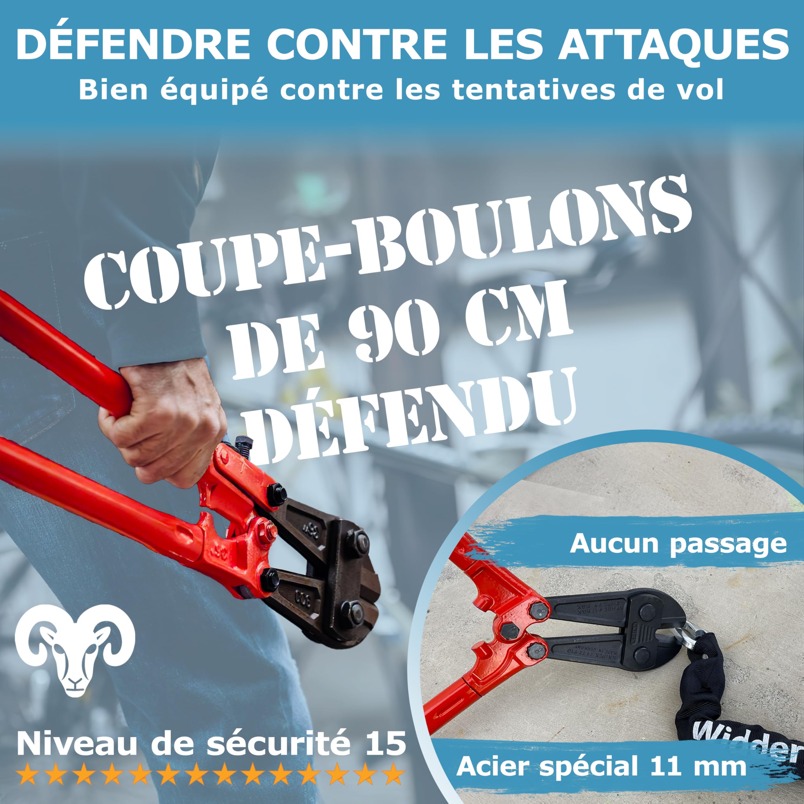 Widder Antivol à chaîne [Acier-Titane Niveau 15] avec 4 clés, 115cm de long