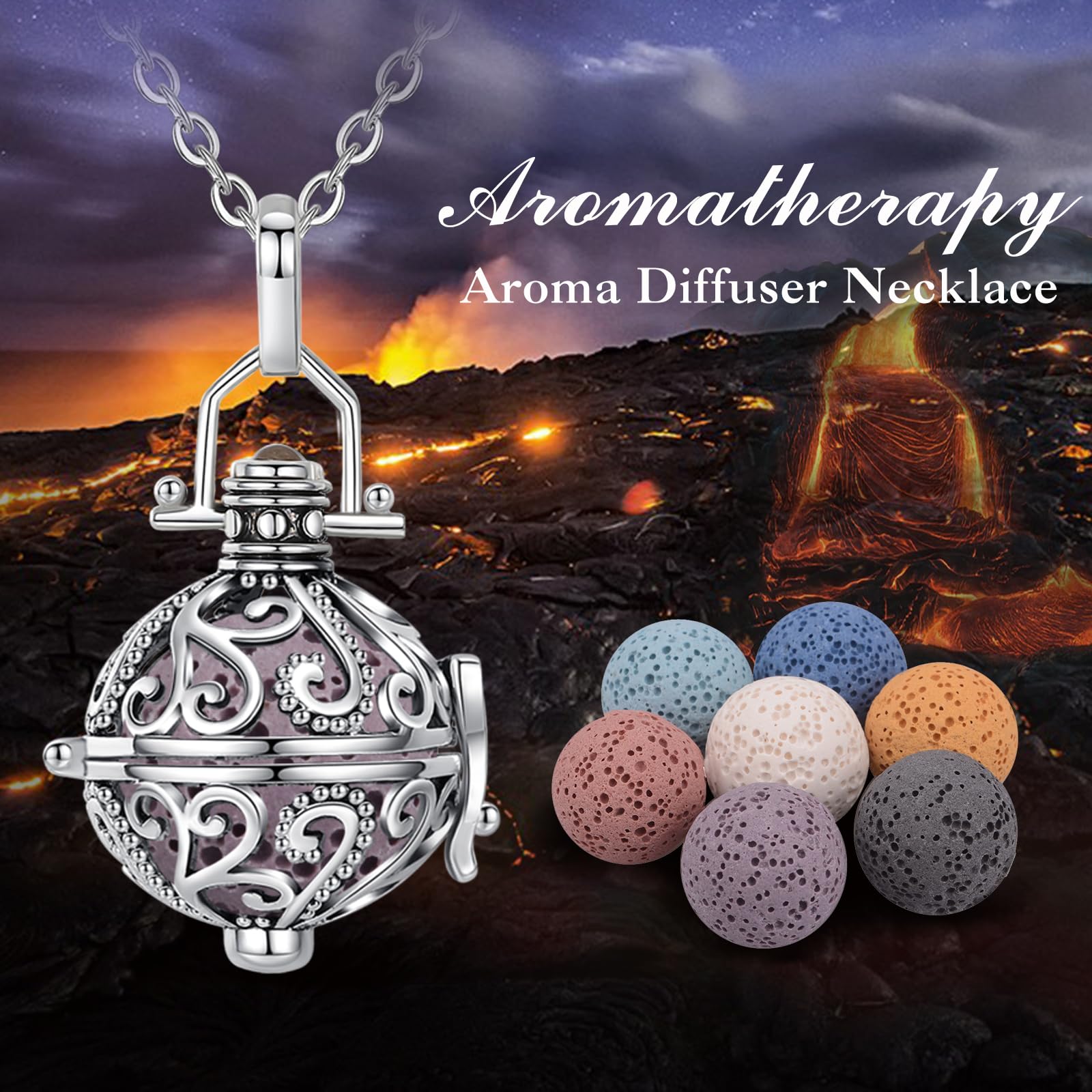 EUDORA Harmony Ball Aromaterapia Collana Donna Diffusione Aroma Collane Donna Aroma Olio Diffusore Ciondolo Gioielli Yoga Regali per Donne Madre con Pietra Lavica 7PCS, 24"