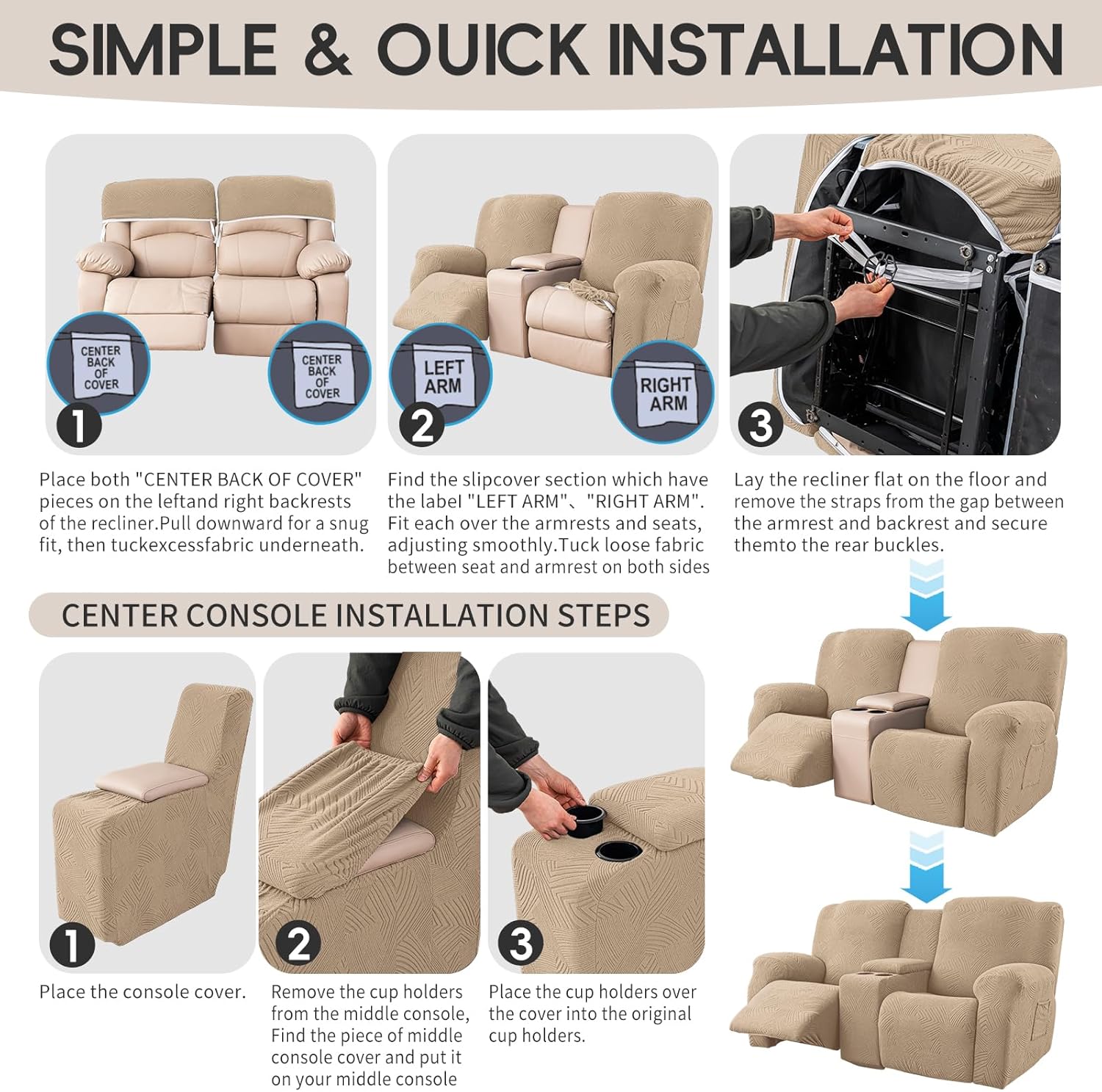 Recliner Loveseat Covers with Console,6-Piece Stretch Geometric Strokes Jacquard Reclining Chair Slipcovers,Seamless Furniture Protector,Soft Breathable Couch Cover,Khaki