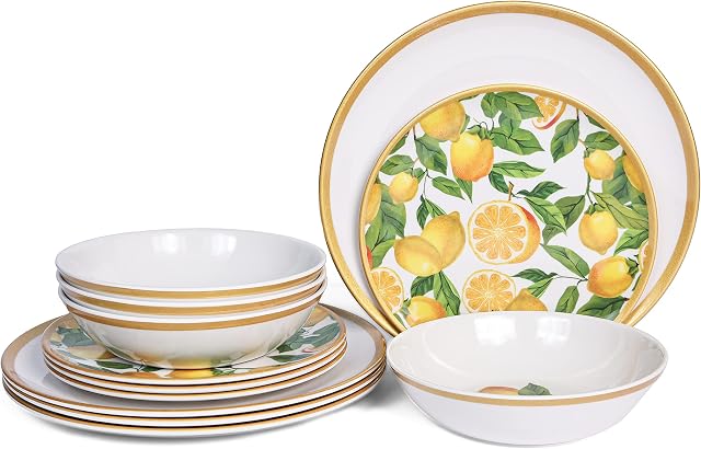 Ensembles de vaisselle à la mélamine... 12pcs Plaques et bols de mélamine 4,Articles de dîner en intérieur et en extérieur, serti de citron