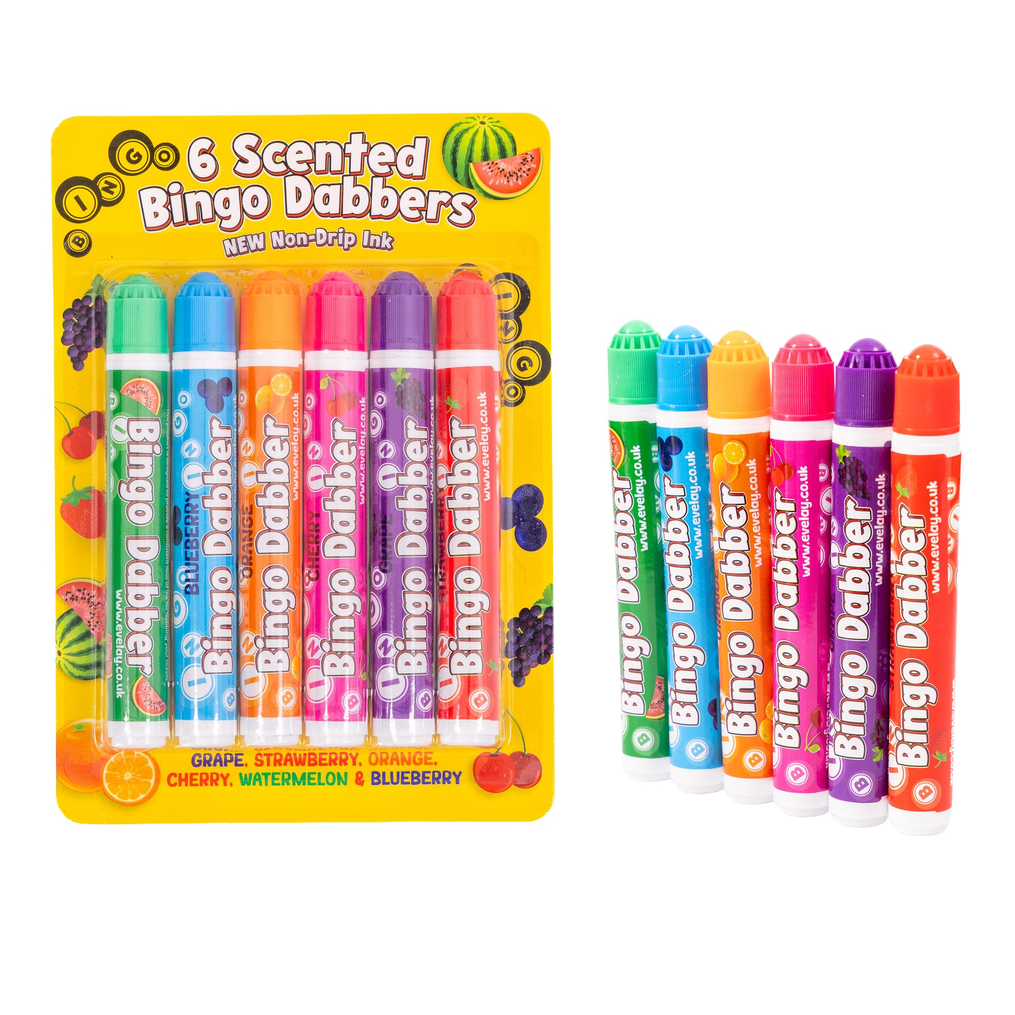 evelay Lot de 6 tampons de bingo parfumés – Couleurs assorties et parfums fruités | Marqueurs de bingo à pointe en feutre anti-goutte pour adultes et enfants | Encre durable, flux lisse, idée cadeau