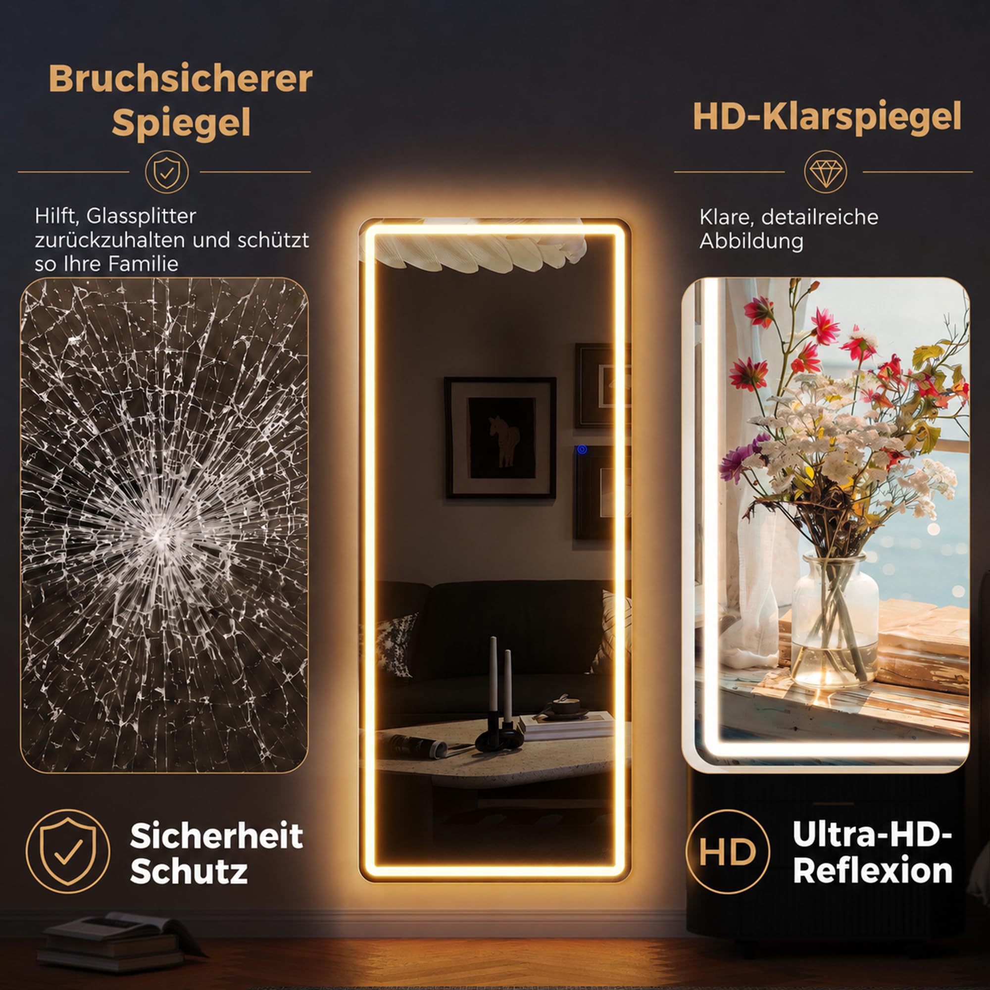 ZKIODV 178x65cm Ganzkörperspiegel mit Beleuchtung, Wandspiegel Groß mit Licht, Standspiegel mit LED 3 Farben & Dimmbar, Großer Spiegel Beleuchtet mit Ständer für Wohnzimmer Eingang Flur (Weiß XXL)