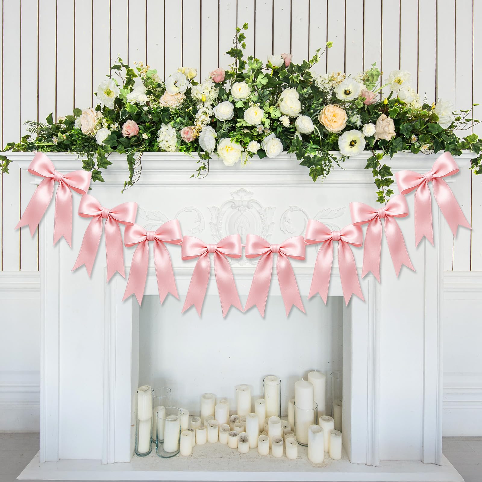 1 String of 8PCS Pink Bow Garland Banner Decoration,Pre-Strung Satin Ribbon Ornaments for Birthday,Bachelorette Party,Bridal Shower,Wedding,Engagement,Baby Shower,Graduation Decor,Anniversary