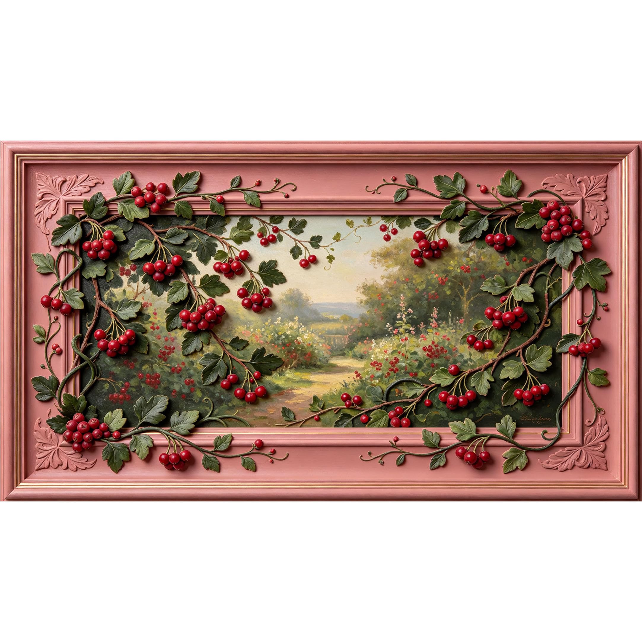 QZLITHOTIC 50×90cm3D Framed Wall Art， Botanical Red Berry Vine Garden SelfAdhesive Mural， WaterActivated Peel & Stick Fabric Decor Wall Decal for Bedroom Living Room
