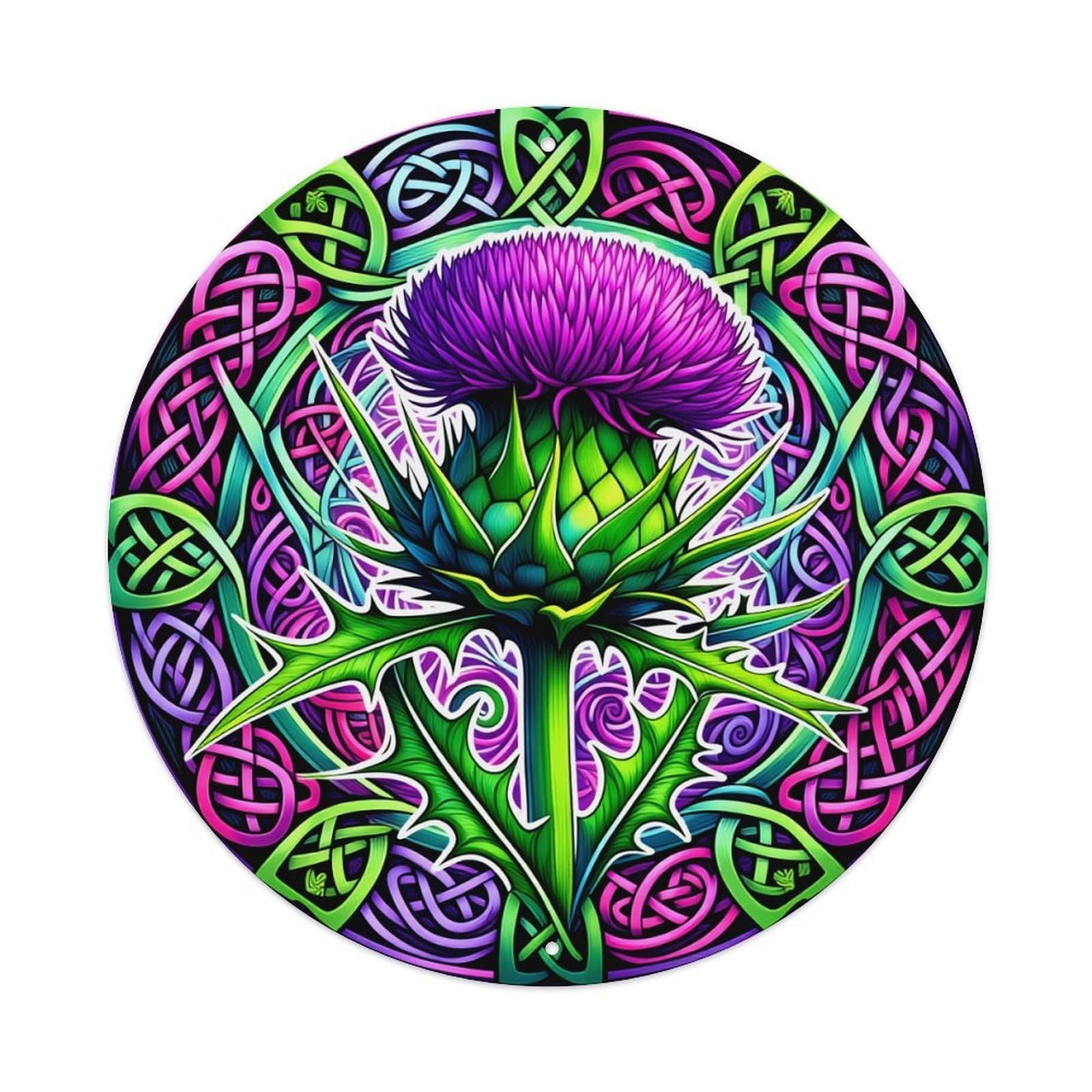 Purple Thistle Celtic Knot Design Round Tin Sign Vintage Metal Sign Home Bar Garden Indoor & Outdoor Wall Decor Retro Metal Poster 8x8 Inch
