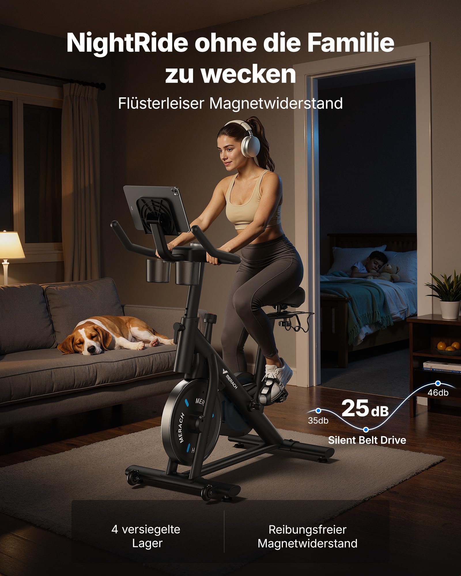 MERACH Heimtrainer Fahrrad mit Verstellbarem Widerstand, Leises Hometrainer Fahrrad mit Verbessertem LED-Monitor, Tablet-Halter, Indoor Cycling Bike für Kardiotraining zu Hause, Eigener App, Bis 136KG