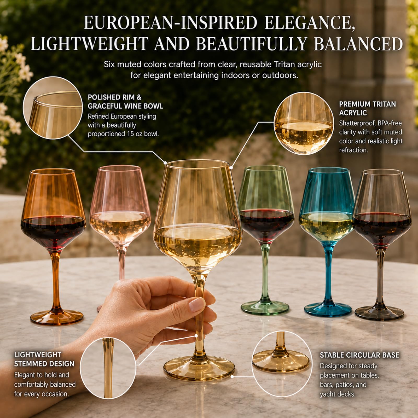Lot de 6 verres à vin à pied en cristal de style européen en plastique Tritan incassables, sans BPA, réutilisables, pour extérieur, piscine et intérieur, lavage à la main, 425 g