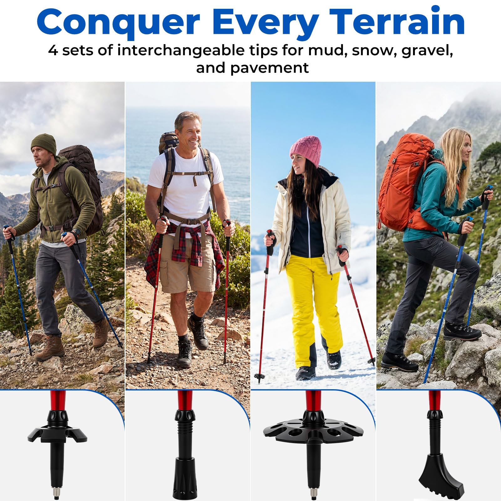 Juego de 4 bastones de senderismo plegables de aluminio, bastones de senderismo plegables ajustables, bastones de senderismo ligeros de viaje con bolsa de almacenamiento para adultos