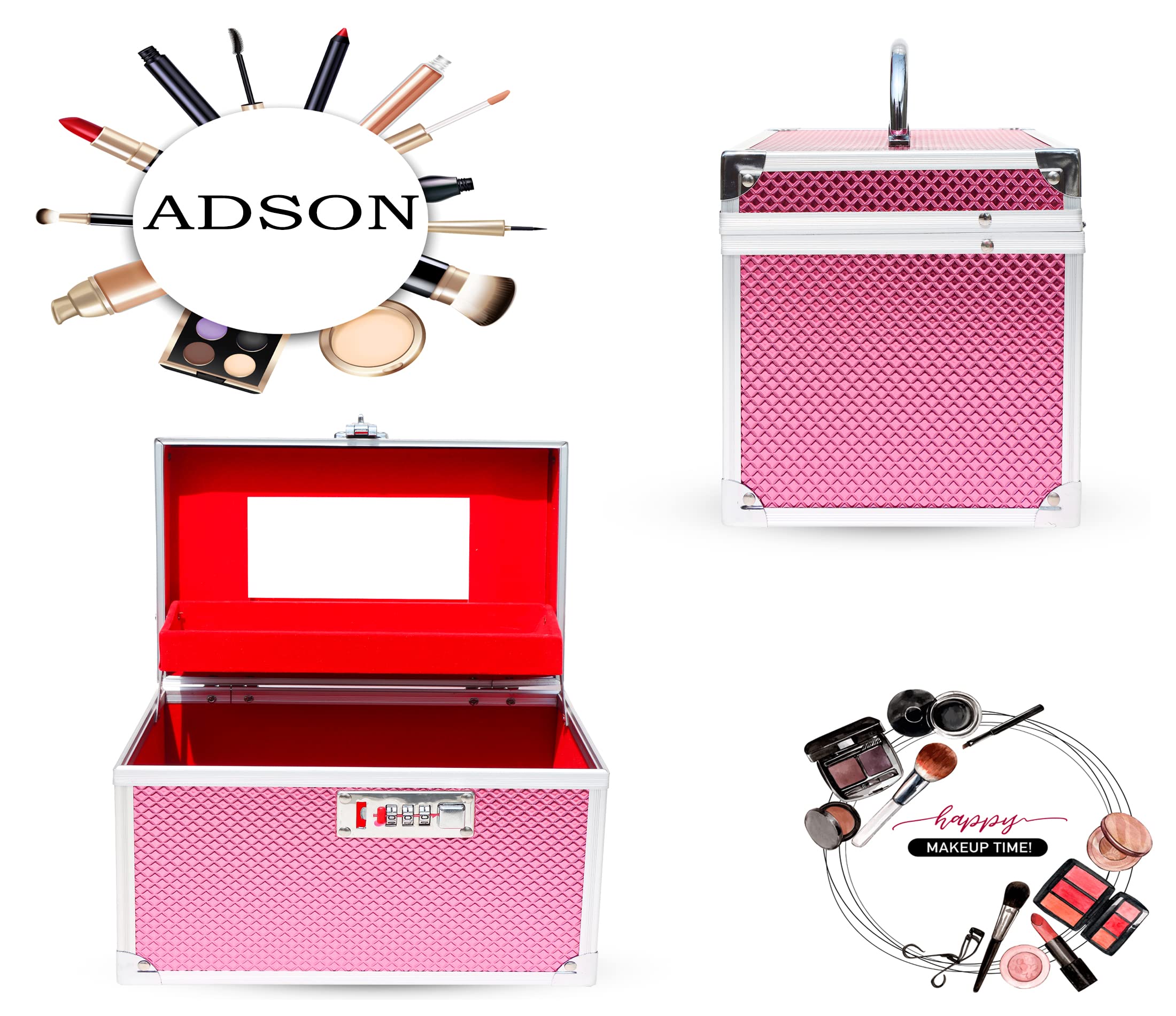 Adson Professional Beauty Women's Makeup Bag, Cosmetic Box, Vanity Case/Box, Trousseau Box, Bridal Jewellery Organiser with Mirror (Pink) 1