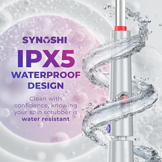 Synoshi PRO Electric Spin Scrubber with Long Handle & Cone Brush Heads | Cordless Shower Scrubber, Bathroom Cleaning Brush, Adjustable Angles, 2 Speeds Power Scrubber for Tub, Floor & Tile