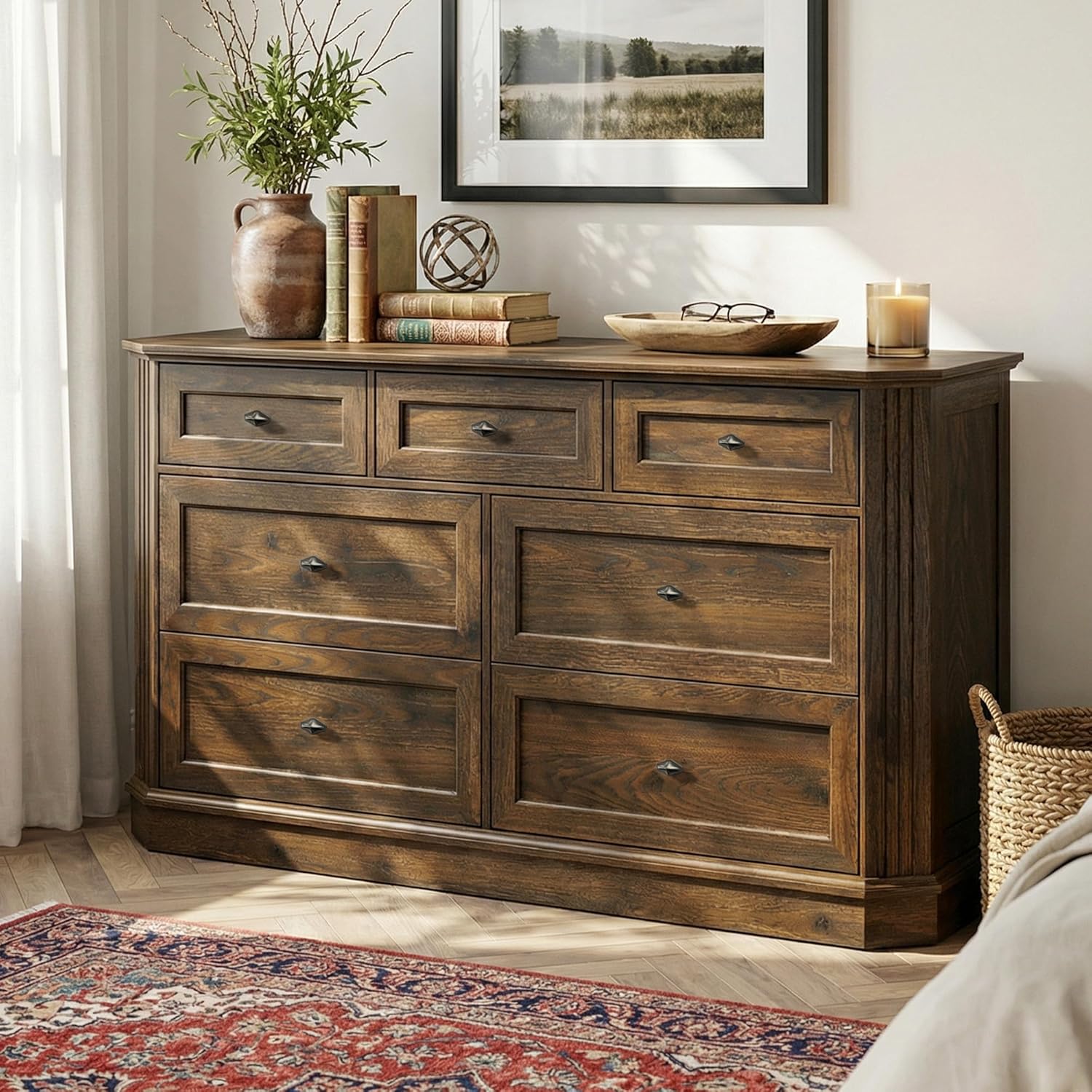 Farmhouse 7 Drawers Dresser for Bedroom, 54" Wide Chest of Drawers with Charging Station & Vintage Beveled Design, Wooden Long Dresser TV Stand, Wood Closet Clothes Storage Organizer for Living Room