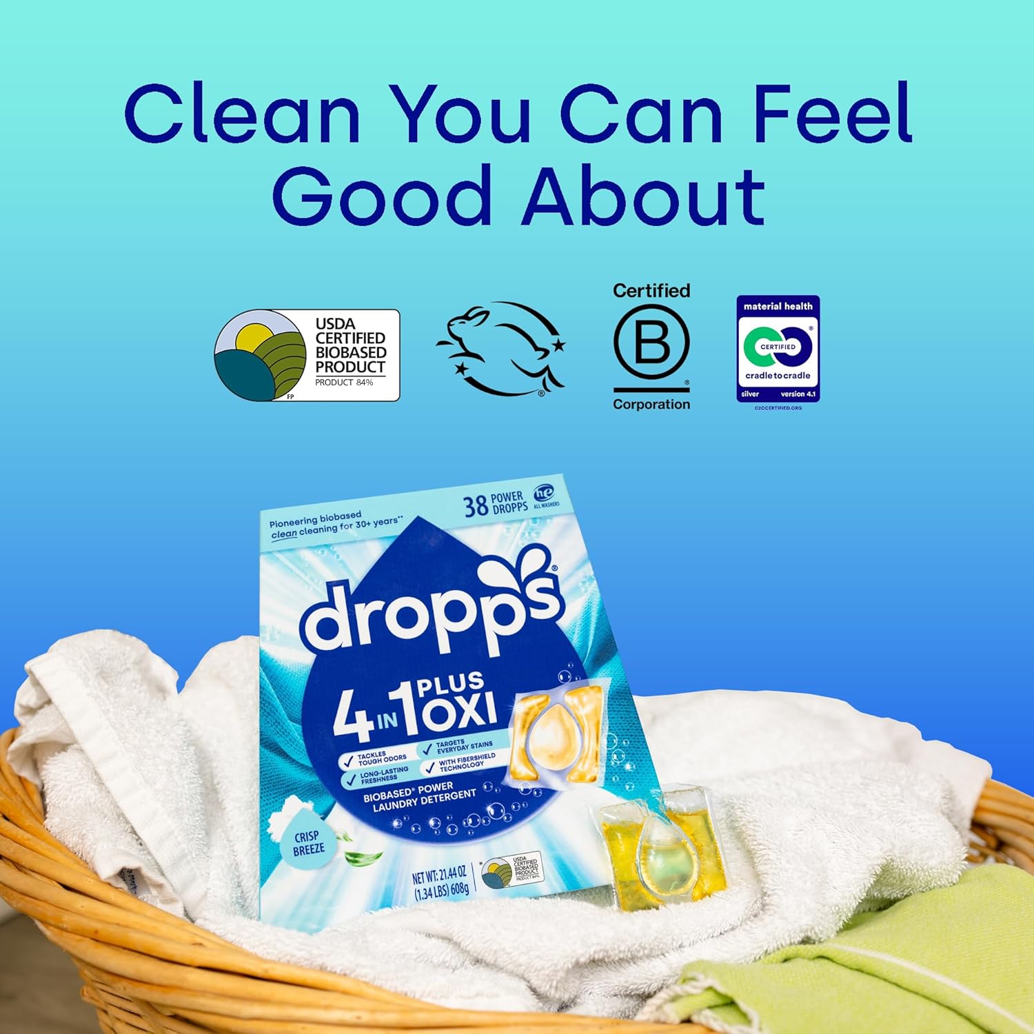 Dropps 4-in-1 Plus Oxi Laundry Detergent Pods, Crisp Breeze (76 Count) - Laundry Pods | Advanced Odor Defense | Fights Stains | Whitens & Brightens | Clean Ingredients | Plastic Free Packaging